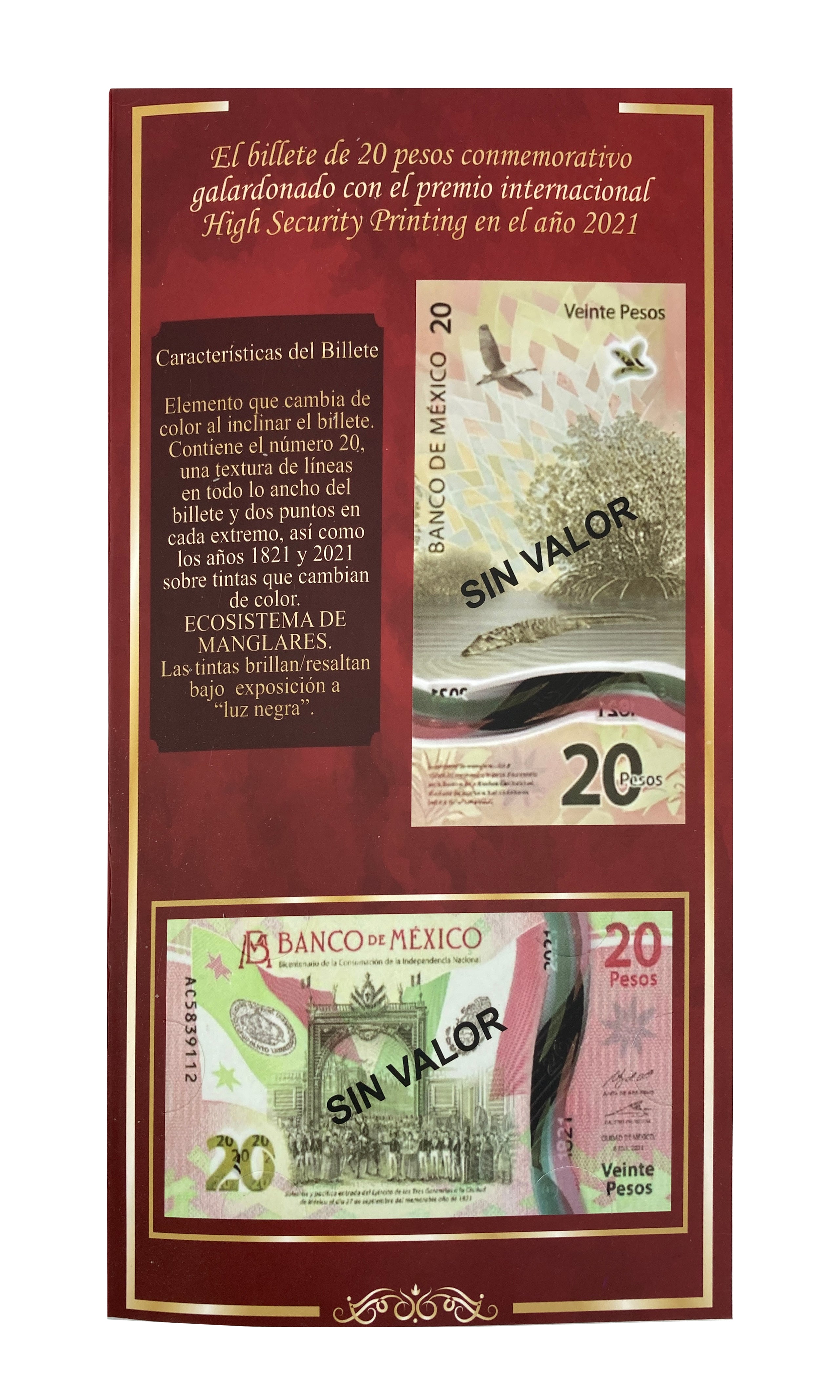 Álbum tríptico para monedas conmemorativas de $20 pesos mexicanos actualizado hasta las ediciones más recientes, incluye 23 espacios para monedas actuales, 5 para futuras ediciones y 1 espacio para el billete conmemorativo de $20 pesos. Fabricado en cartón rígido con impresión offset y suaje preciso. Ideal para coleccionistas y numismáticos.