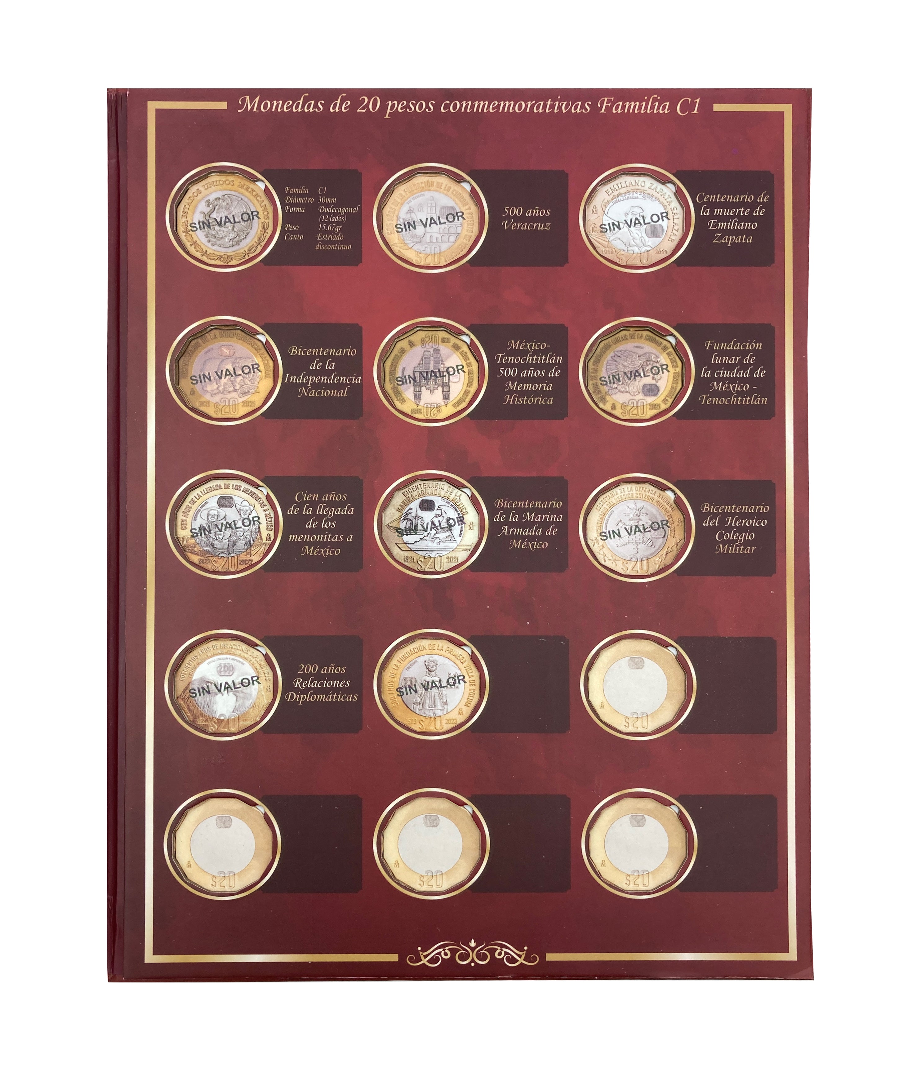 Álbum tríptico para monedas conmemorativas de $20 pesos mexicanos actualizado hasta las ediciones más recientes, incluye 23 espacios para monedas actuales, 5 para futuras ediciones y 1 espacio para el billete conmemorativo de $20 pesos. Fabricado en cartón rígido con impresión offset y suaje preciso. Ideal para coleccionistas y numismáticos.
