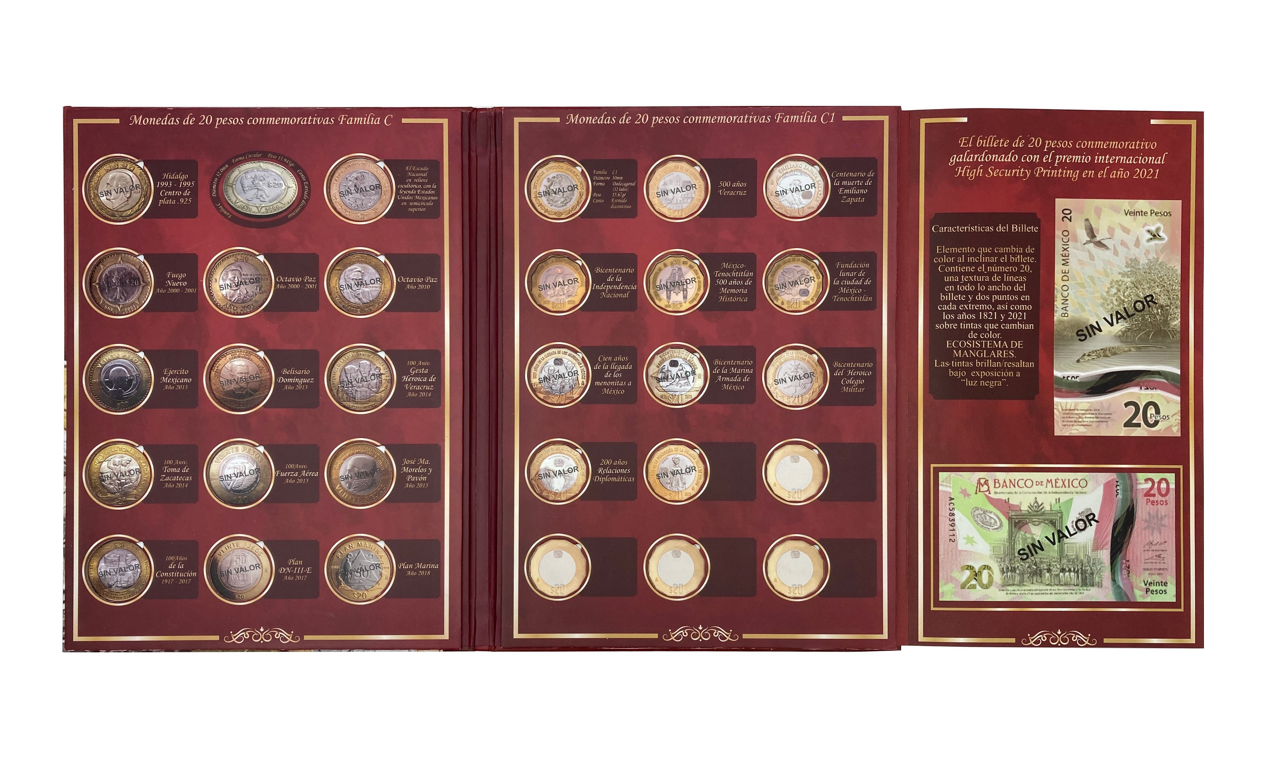Álbum tríptico para monedas conmemorativas de $20 pesos mexicanos actualizado hasta las ediciones más recientes, incluye 23 espacios para monedas actuales, 5 para futuras ediciones y 1 espacio para el billete conmemorativo de $20 pesos. Fabricado en cartón rígido con impresión offset y suaje preciso. Ideal para coleccionistas y numismáticos.