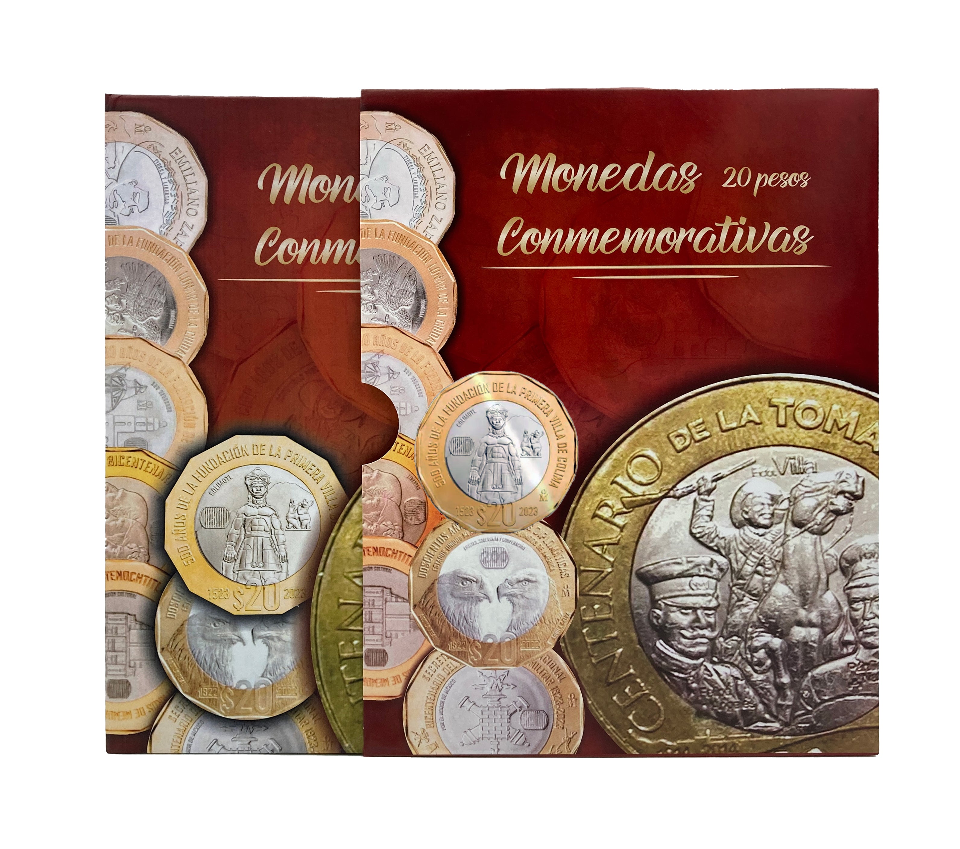 Álbum tríptico para monedas conmemorativas de $20 pesos mexicanos actualizado hasta las ediciones más recientes, incluye 23 espacios para monedas actuales, 5 para futuras ediciones y 1 espacio para el billete conmemorativo de $20 pesos. Fabricado en cartón rígido con impresión offset y suaje preciso. Ideal para coleccionistas y numismáticos.