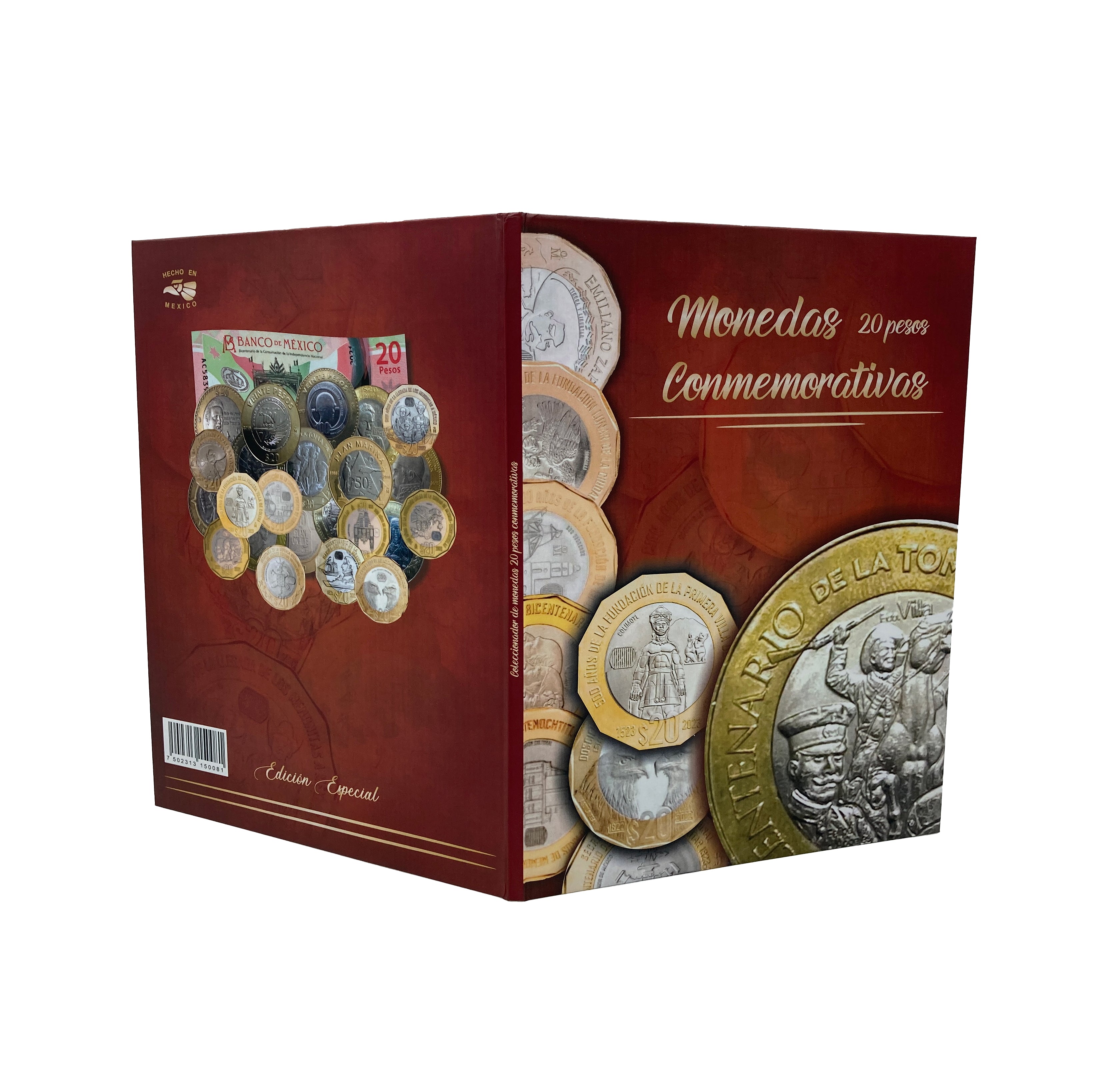 Álbum tríptico para monedas conmemorativas de $20 pesos mexicanos actualizado hasta las ediciones más recientes, incluye 23 espacios para monedas actuales, 5 para futuras ediciones y 1 espacio para el billete conmemorativo de $20 pesos. Fabricado en cartón rígido con impresión offset y suaje preciso. Ideal para coleccionistas y numismáticos.