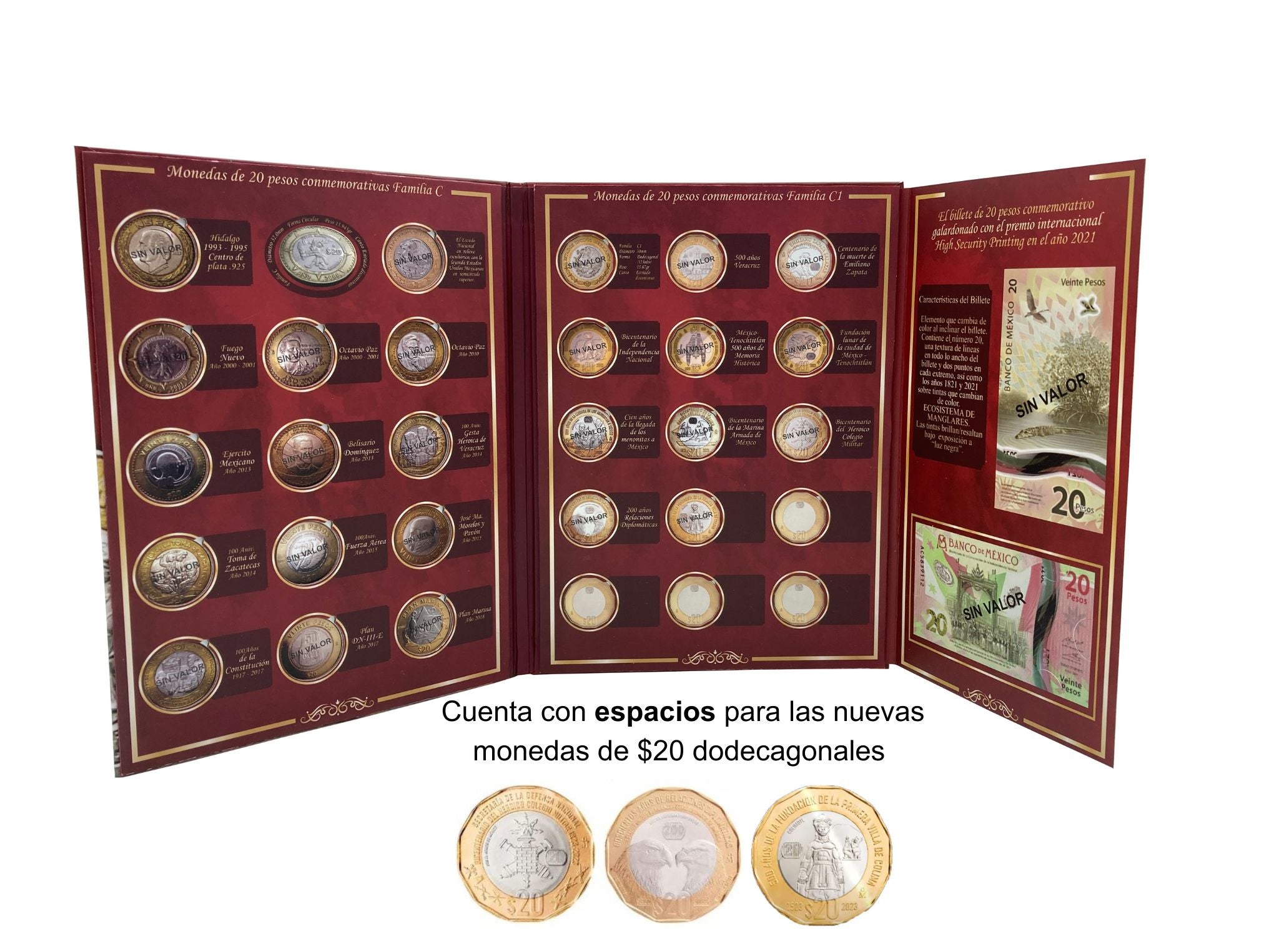 Álbum tríptico para monedas conmemorativas de $20 pesos mexicanos actualizado hasta las ediciones más recientes, incluye 23 espacios para monedas actuales, 5 para futuras ediciones y 1 espacio para el billete conmemorativo de $20 pesos. Fabricado en cartón rígido con impresión offset y suaje preciso. Ideal para coleccionistas y numismáticos. Álbum tríptico para monedas conmemorativas de $20 pesos mexicanos actualizado hasta las ediciones más recientes, incluye 23 espacios para monedas actuales, 5 para futuras ediciones y 1 espacio para el billete conmemorativo de $20 pesos. Fabricado en cartón rígido con impresión offset y suaje preciso. Ideal para coleccionistas y numismáticos.