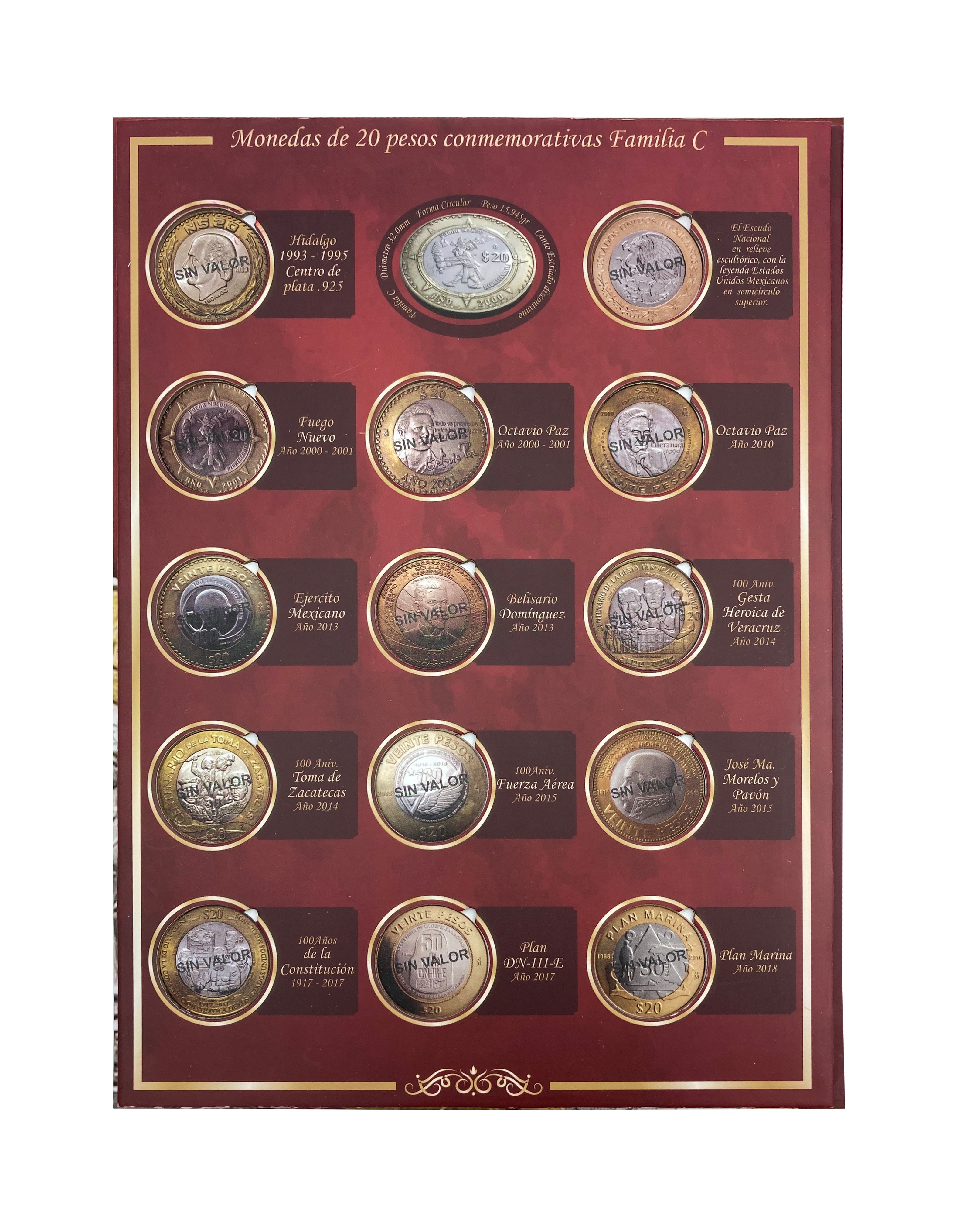 Álbum tríptico para monedas conmemorativas de $20 pesos mexicanos actualizado hasta las ediciones más recientes, incluye 23 espacios para monedas actuales, 5 para futuras ediciones y 1 espacio para el billete conmemorativo de $20 pesos. Fabricado en cartón rígido con impresión offset y suaje preciso. Ideal para coleccionistas y numismáticos.