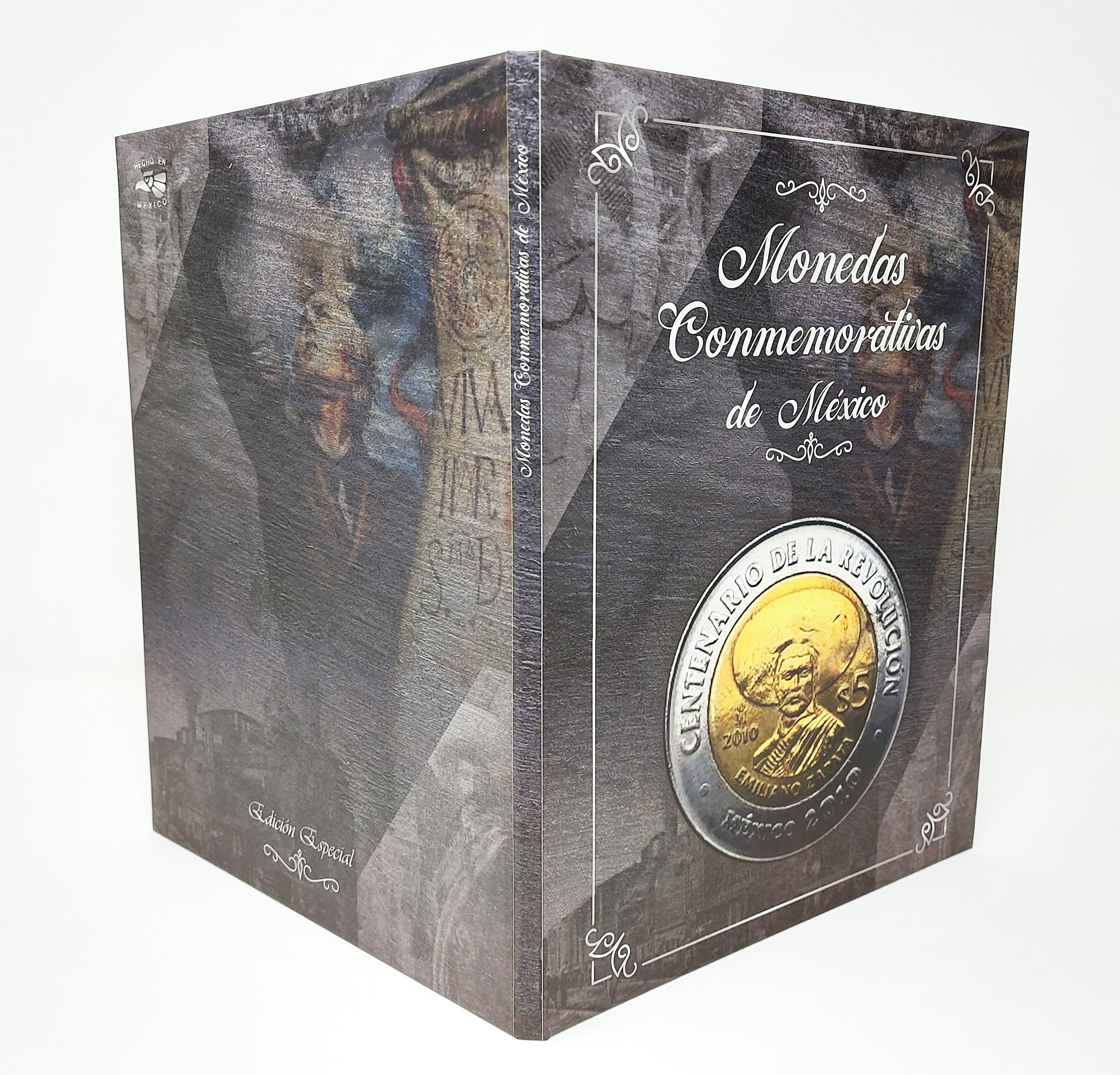 Álbum coleccionador para monedas conmemorativas mexicanas de $5 pesos, con espacios para 20 monedas Bicentenario, 18 monedas Revolución, y dos billetes, diseño rígido con funda.