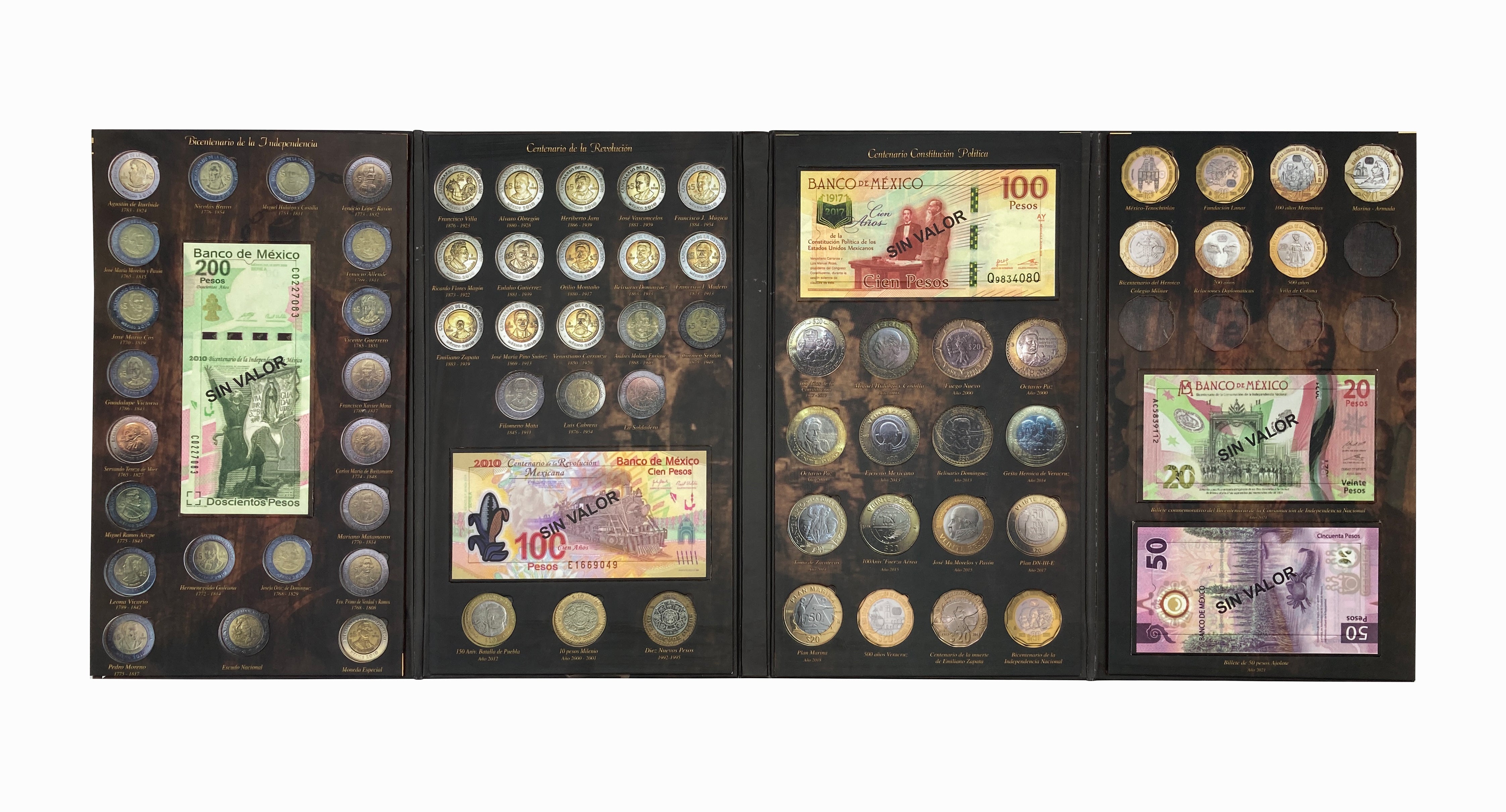 Álbum cuadríptico para monedas y billetes conmemorativos de México, incluye espacios para monedas de $5, $10 y $20 pesos, además de billetes de $20, $50, $100 y $200 pesos. Fabricado en cartón rígido con impresión offset y suaje preciso. Ideal para coleccionistas y numismáticos, incluye bolsa cerrada para protección