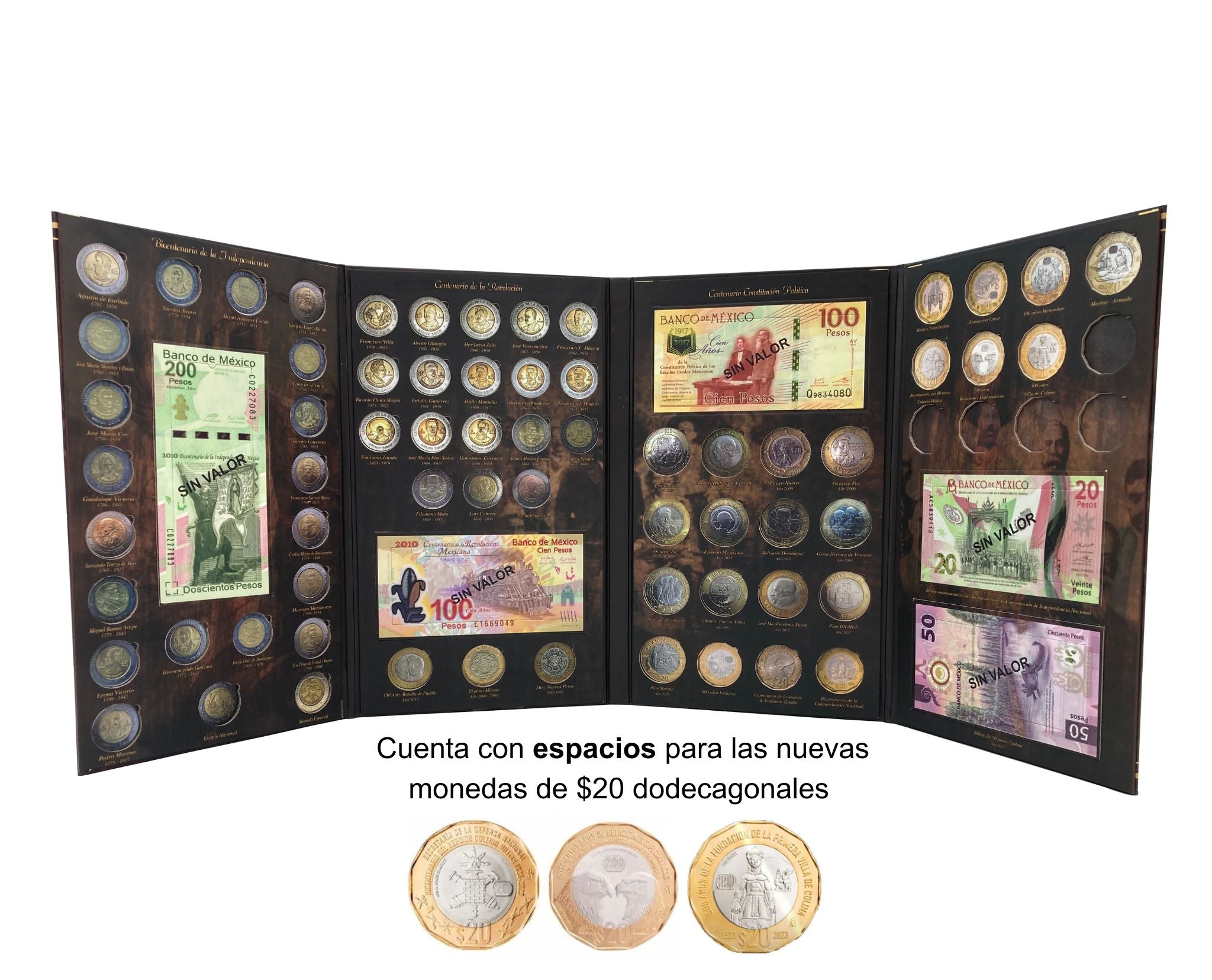 Álbum cuadríptico para monedas y billetes conmemorativos de México, incluye espacios para monedas de $5, $10 y $20 pesos, además de billetes de $20, $50, $100 y $200 pesos. Fabricado en cartón rígido con impresión offset y suaje preciso. Ideal para coleccionistas y numismáticos, incluye bolsa cerrada para protección