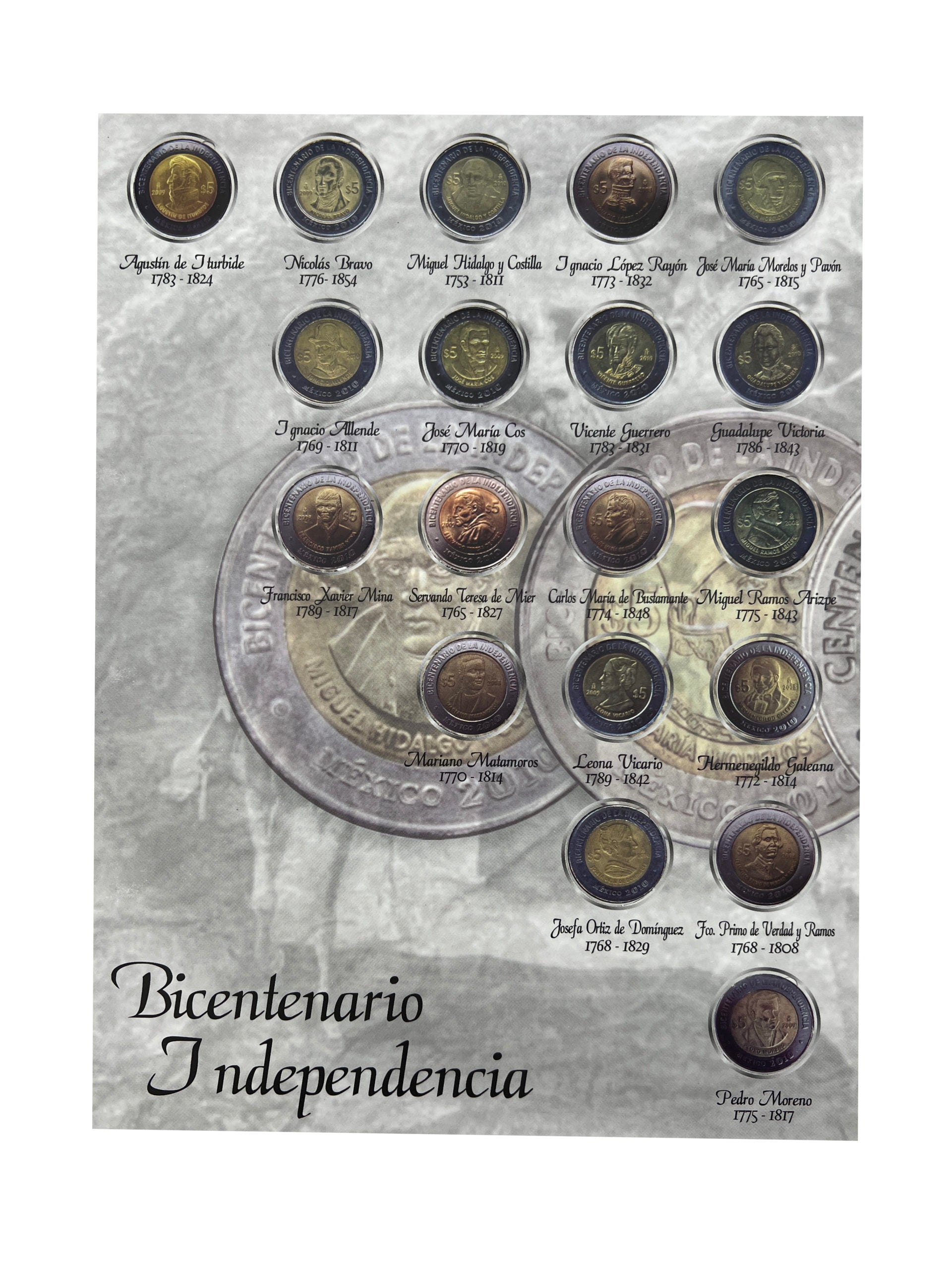 Álbum para coleccionar monedas conmemorativas del Bicentenario y Centenario de $5 pesos mexicanos, con espacio para 38 monedas, impresión en offset y cartón rígido, ideal para coleccionistas numismáticos.