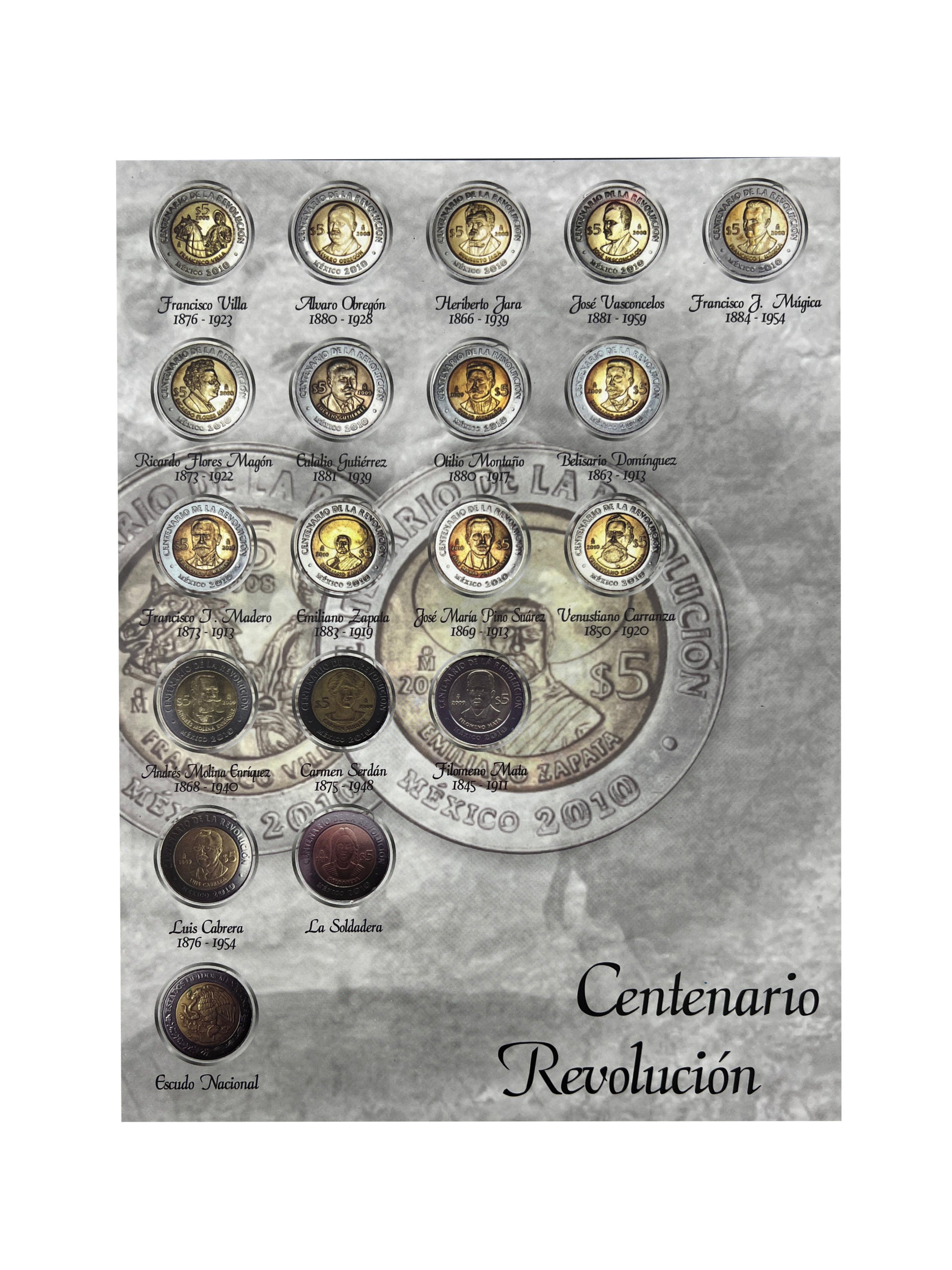 Álbum para coleccionar monedas conmemorativas del Bicentenario y Centenario de $5 pesos mexicanos, con espacio para 38 monedas, impresión en offset y cartón rígido, ideal para coleccionistas numismáticos.