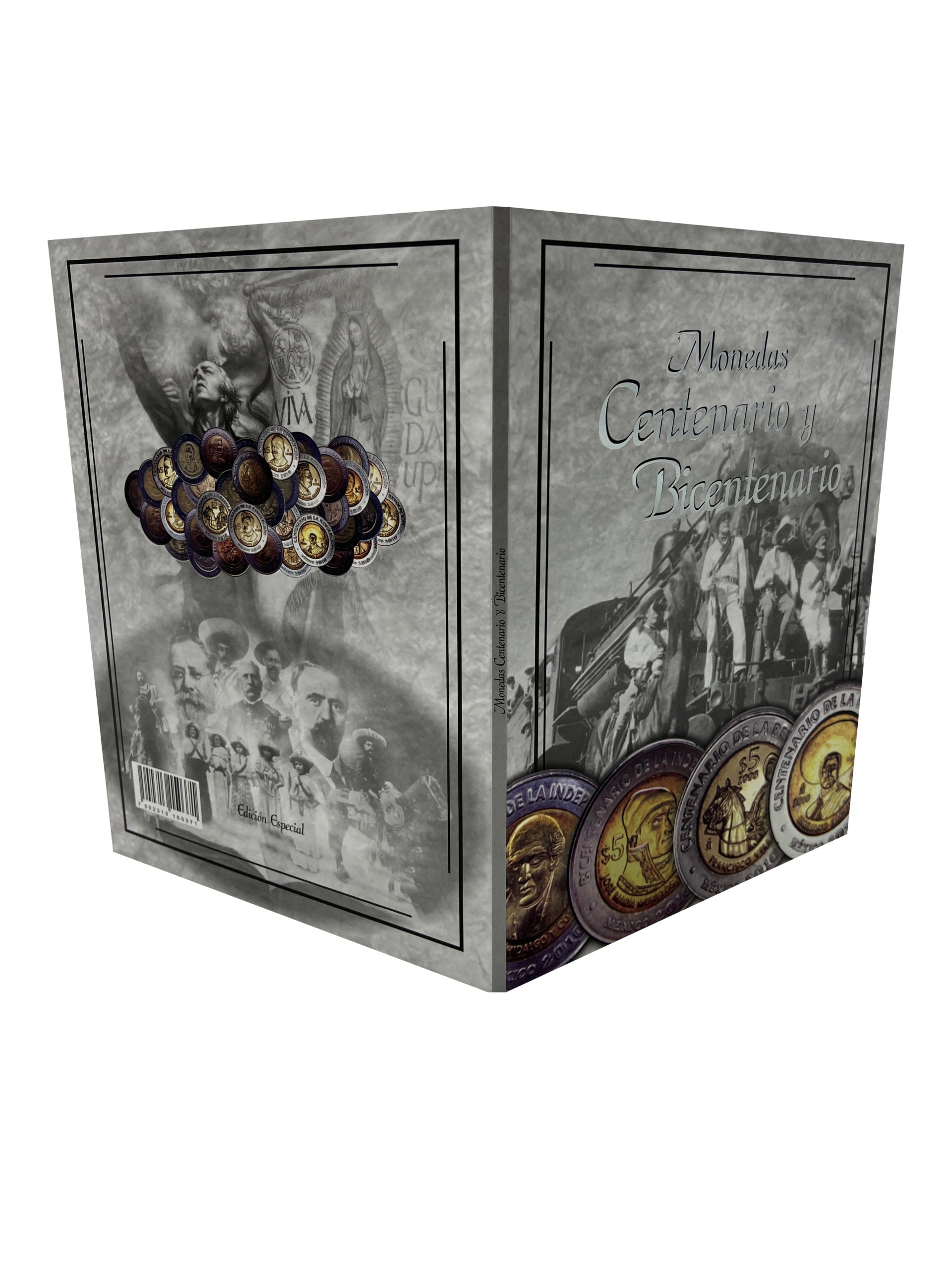 Álbum para coleccionar monedas conmemorativas del Bicentenario y Centenario de $5 pesos mexicanos, con espacio para 38 monedas, impresión en offset y cartón rígido, ideal para coleccionistas numismáticos.