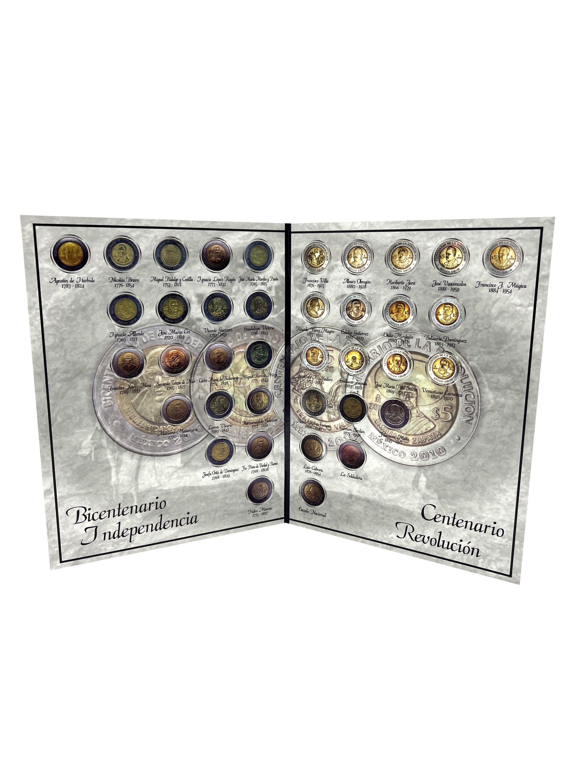Álbum para coleccionar monedas conmemorativas del Bicentenario y Centenario de $5 pesos mexicanos, con espacio para 38 monedas, impresión en offset y cartón rígido, ideal para coleccionistas numismáticos.