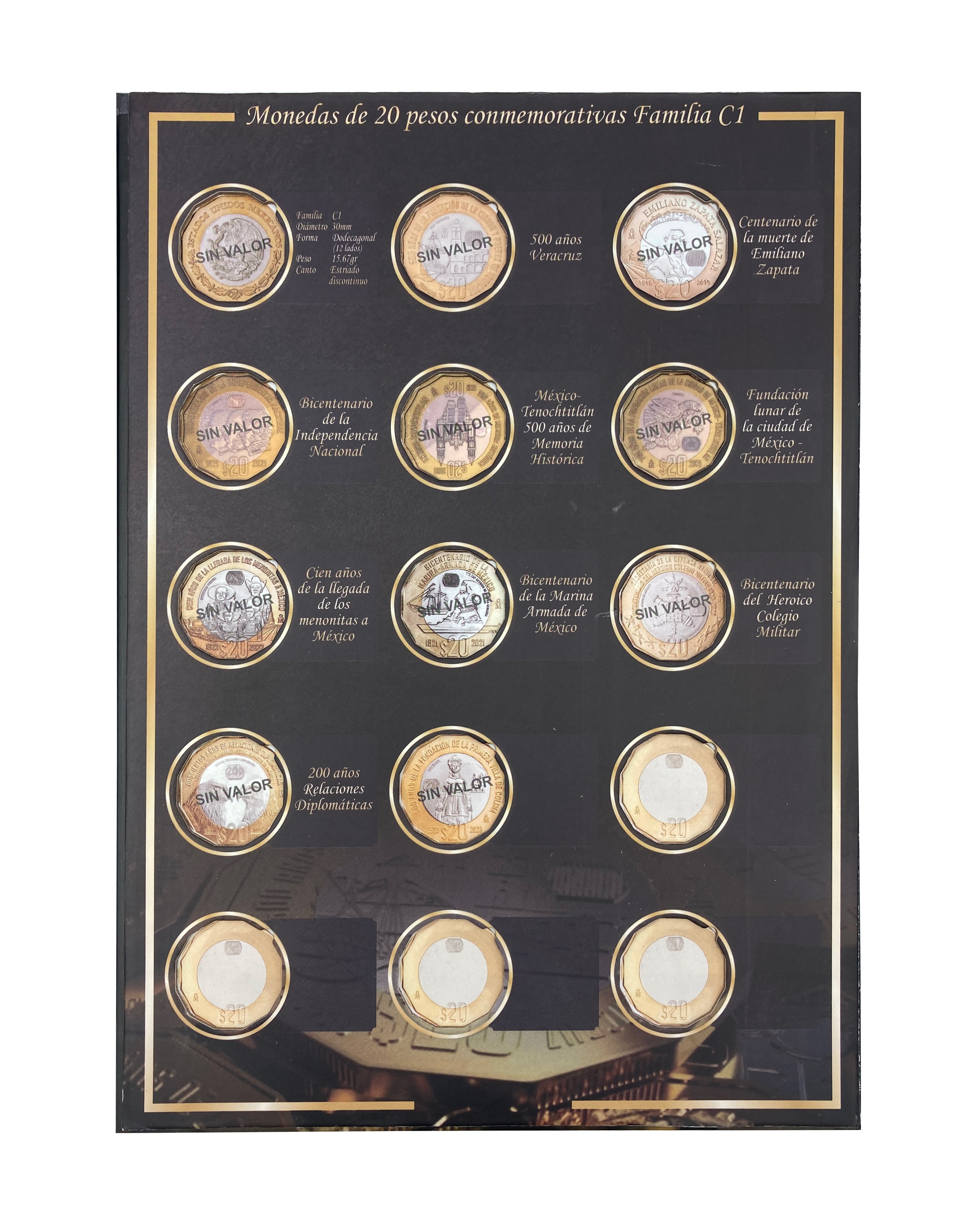 Álbum para monedas conmemorativas de $20 pesos mexicanos actualizado, incluye 21 espacios para monedas actuales, 2 para futuras ediciones y 1 espacio para el billete conmemorativo de $20 pesos. Fabricado en cartón rígido con impresión offset y suaje preciso, ideal para coleccionistas y numismáticos.