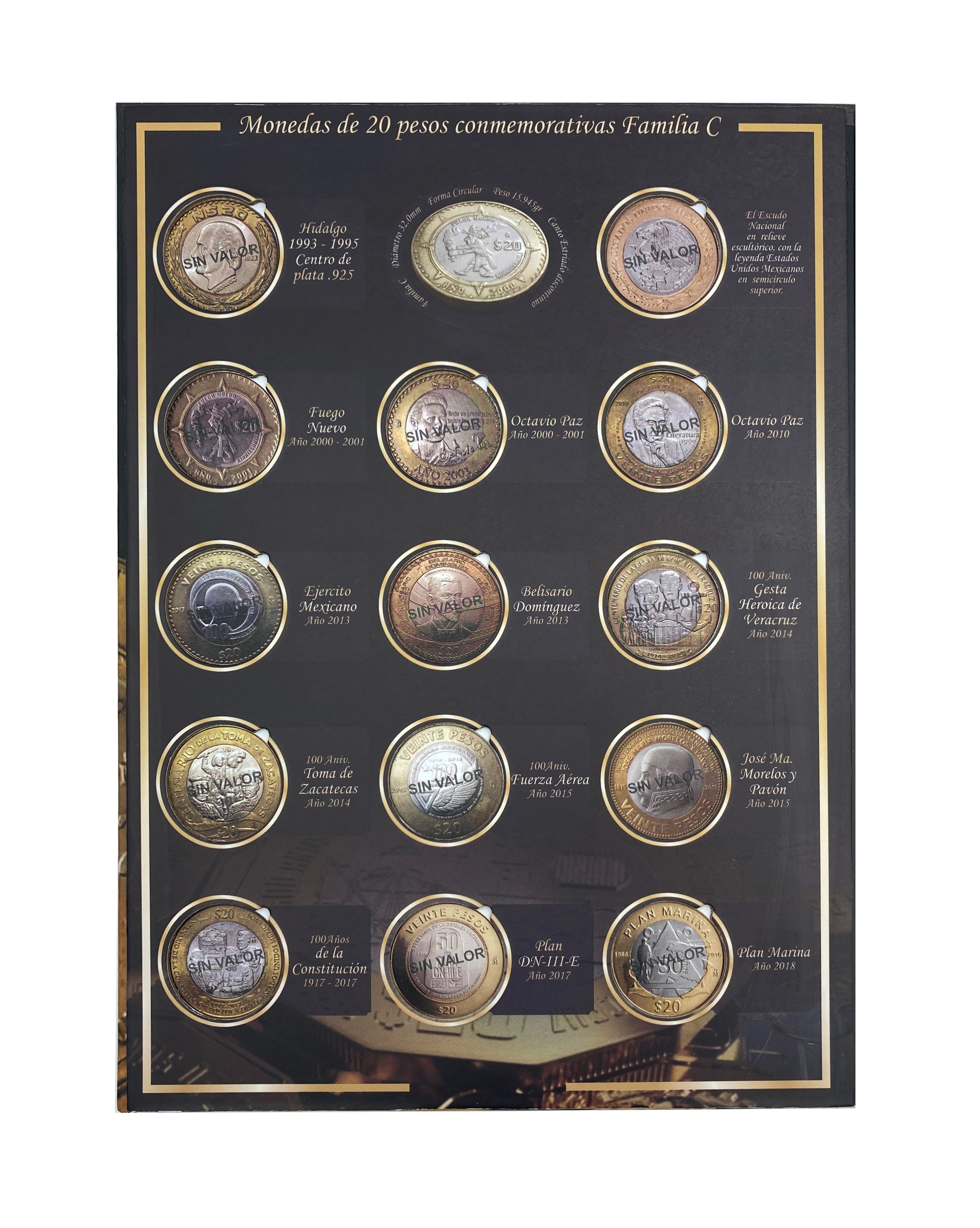 Álbum para monedas conmemorativas de $20 pesos mexicanos actualizado, incluye 21 espacios para monedas actuales, 2 para futuras ediciones y 1 espacio para el billete conmemorativo de $20 pesos. Fabricado en cartón rígido con impresión offset y suaje preciso, ideal para coleccionistas y numismáticos.