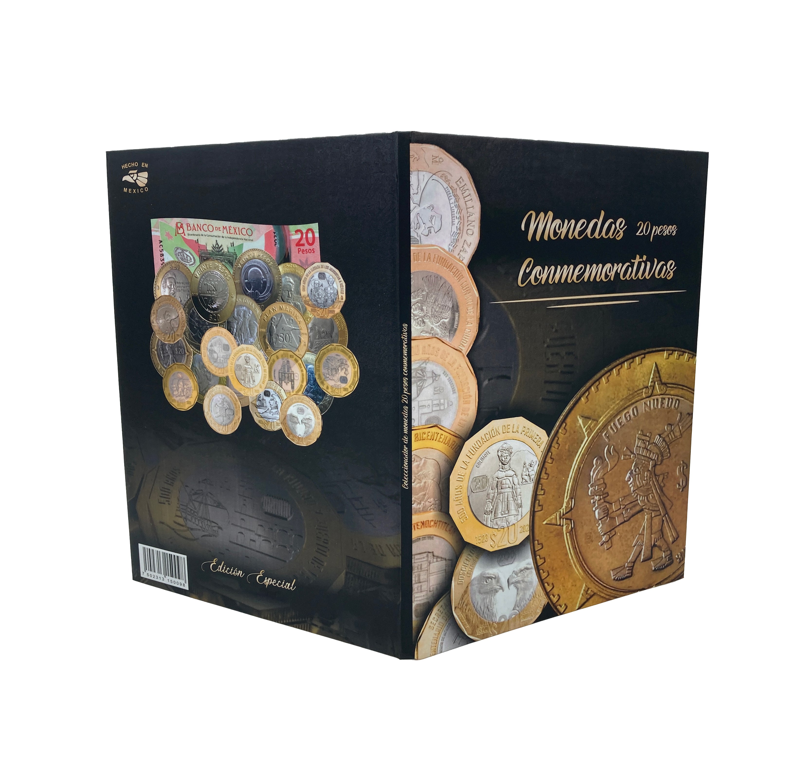 Álbum para monedas conmemorativas de $20 pesos mexicanos actualizado, incluye 21 espacios para monedas actuales, 2 para futuras ediciones y 1 espacio para el billete conmemorativo de $20 pesos. Fabricado en cartón rígido con impresión offset y suaje preciso, ideal para coleccionistas y numismáticos.