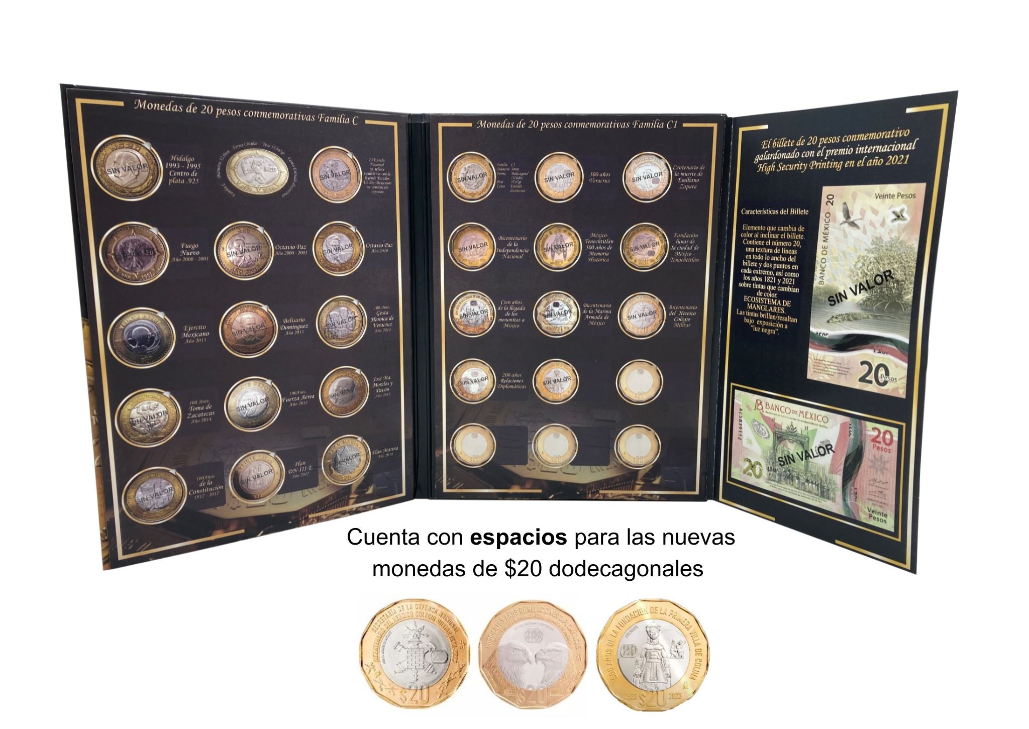 Álbum para monedas conmemorativas de $20 pesos mexicanos actualizado, incluye 21 espacios para monedas actuales, 2 para futuras ediciones y 1 espacio para el billete conmemorativo de $20 pesos. Fabricado en cartón rígido con impresión offset y suaje preciso, ideal para coleccionistas y numismáticos.