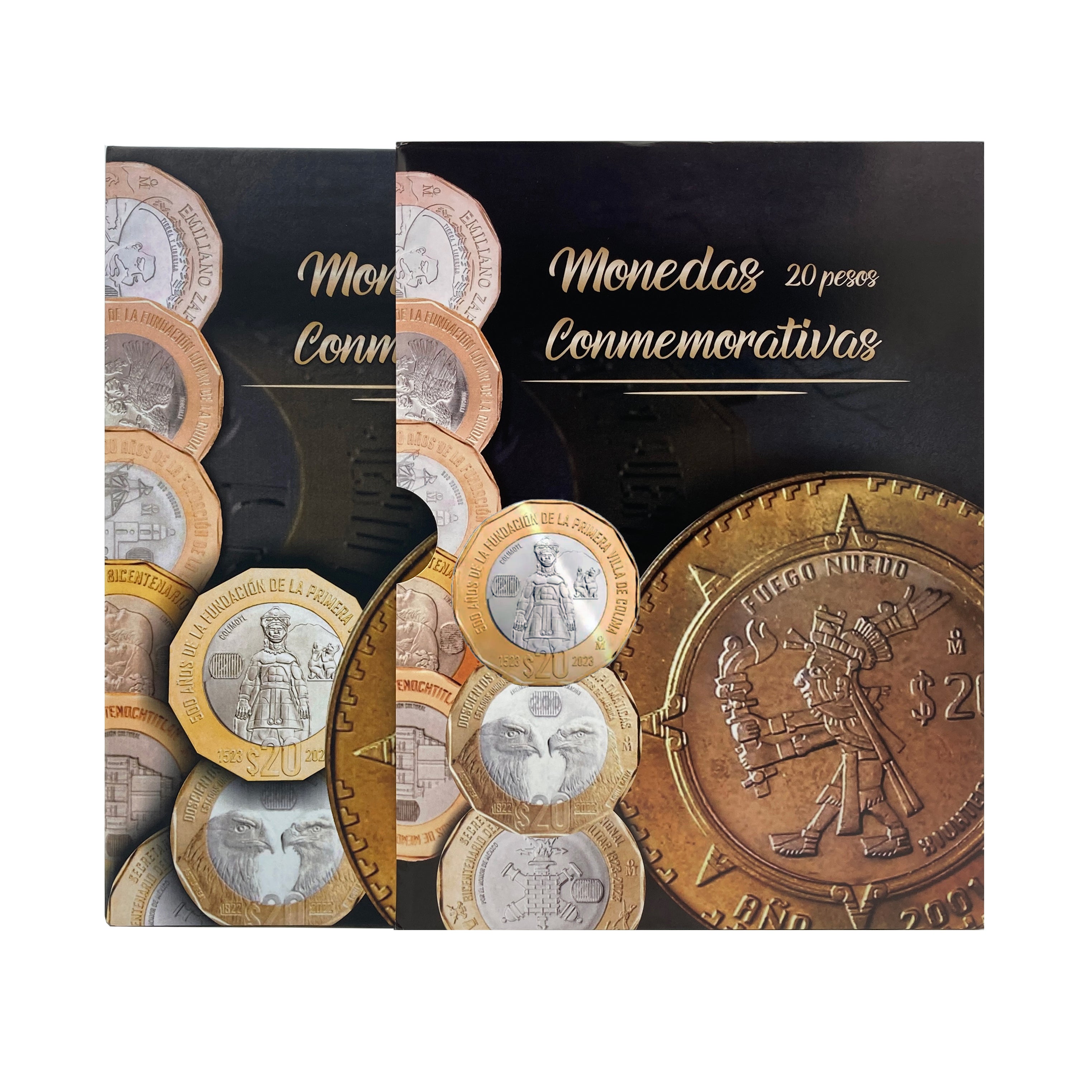 Álbum para monedas conmemorativas de $20 pesos mexicanos actualizado, incluye 21 espacios para monedas actuales, 2 para futuras ediciones y 1 espacio para el billete conmemorativo de $20 pesos. Fabricado en cartón rígido con impresión offset y suaje preciso, ideal para coleccionistas y numismáticos.