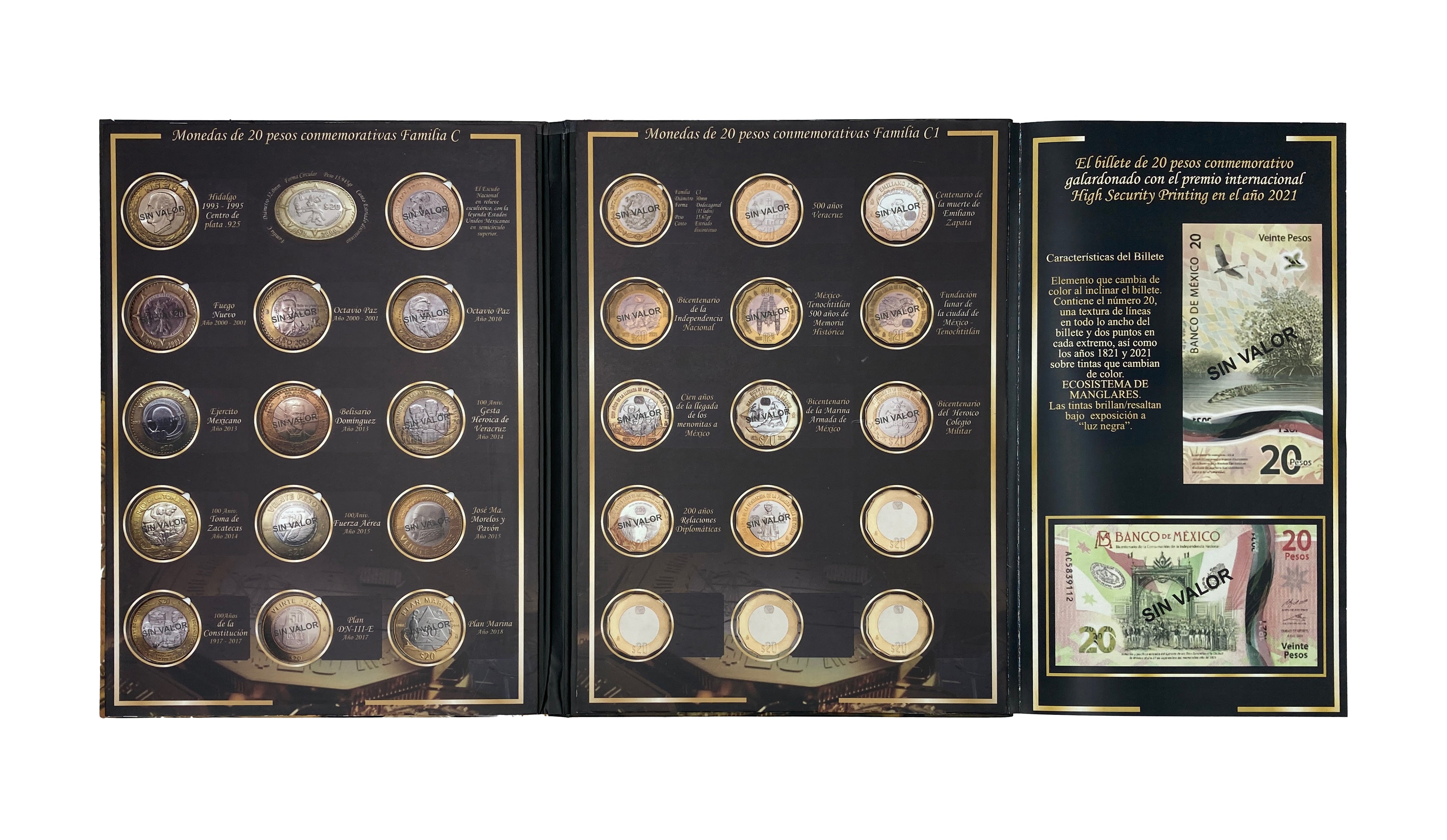 Álbum para monedas conmemorativas de $20 pesos mexicanos actualizado, incluye 21 espacios para monedas actuales, 2 para futuras ediciones y 1 espacio para el billete conmemorativo de $20 pesos. Fabricado en cartón rígido con impresión offset y suaje preciso, ideal para coleccionistas y numismáticos.