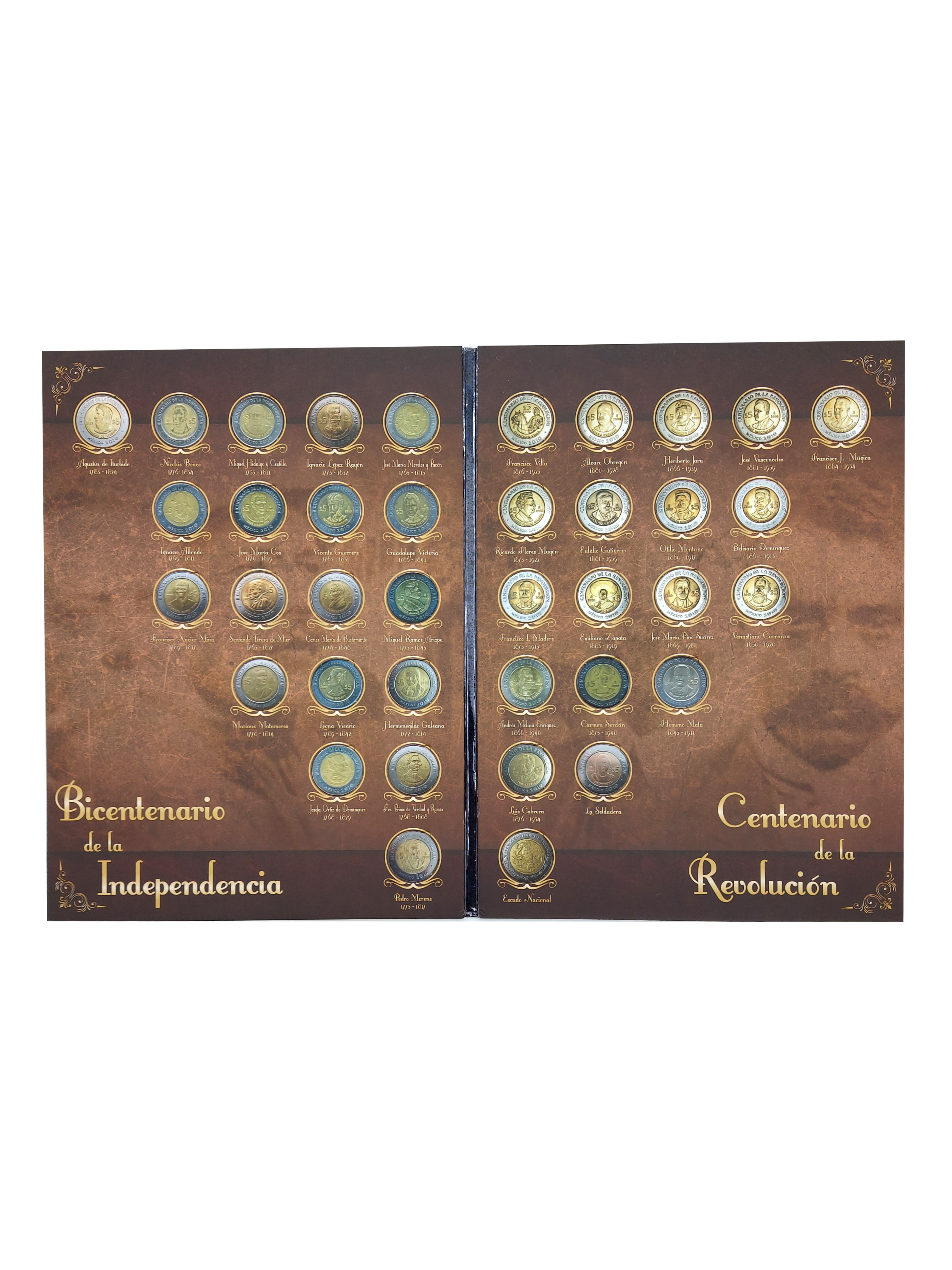 Álbum para monedas conmemorativas de $5 pesos mexicanos del Bicentenario de la Independencia y Centenario de la Revolución, con capacidad para 38 monedas, fabricado en cartón rígido con barniz a registro.