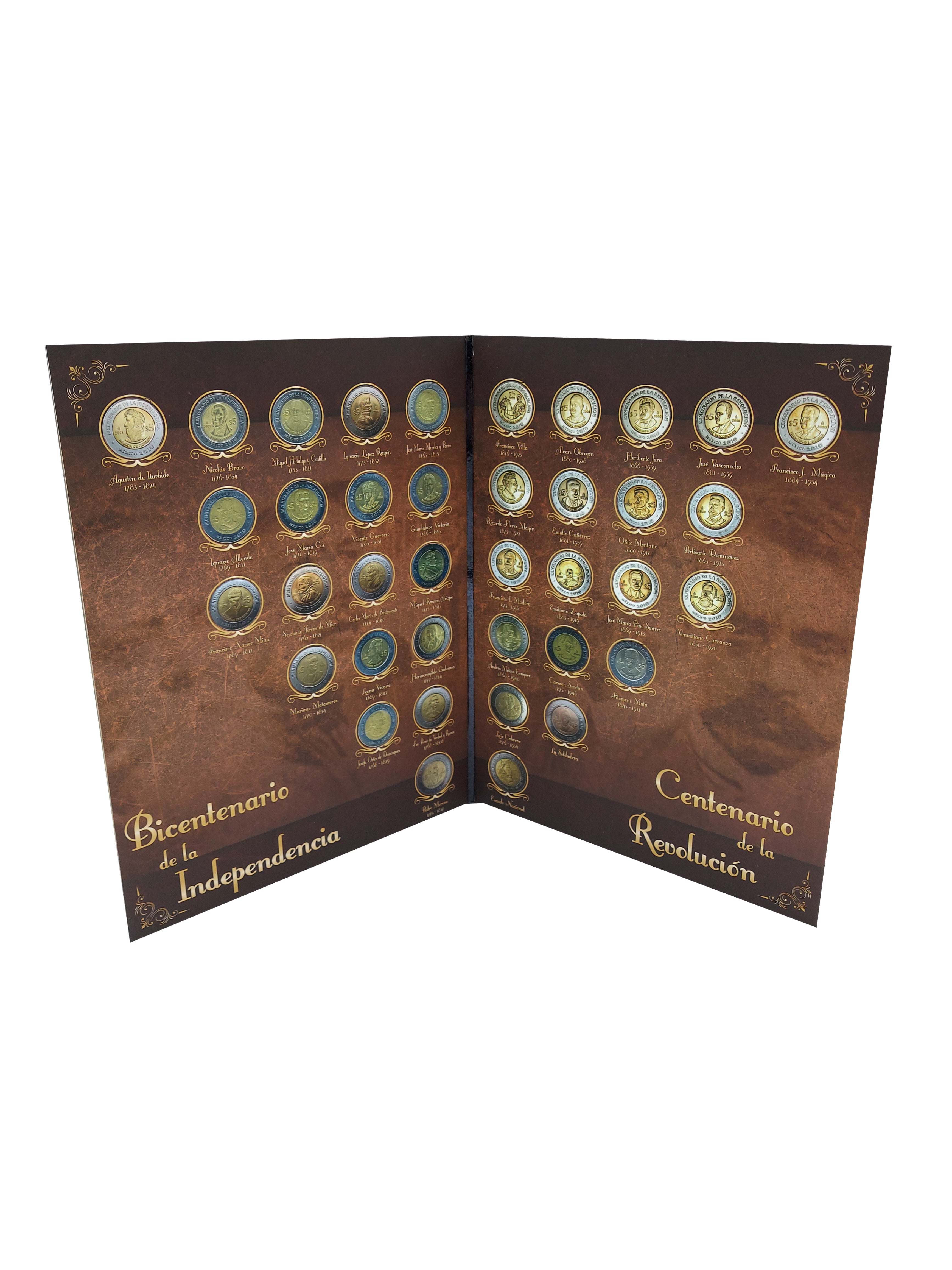 Álbum para monedas conmemorativas de $5 pesos mexicanos del Bicentenario de la Independencia y Centenario de la Revolución, con capacidad para 38 monedas, fabricado en cartón rígido con barniz a registro.