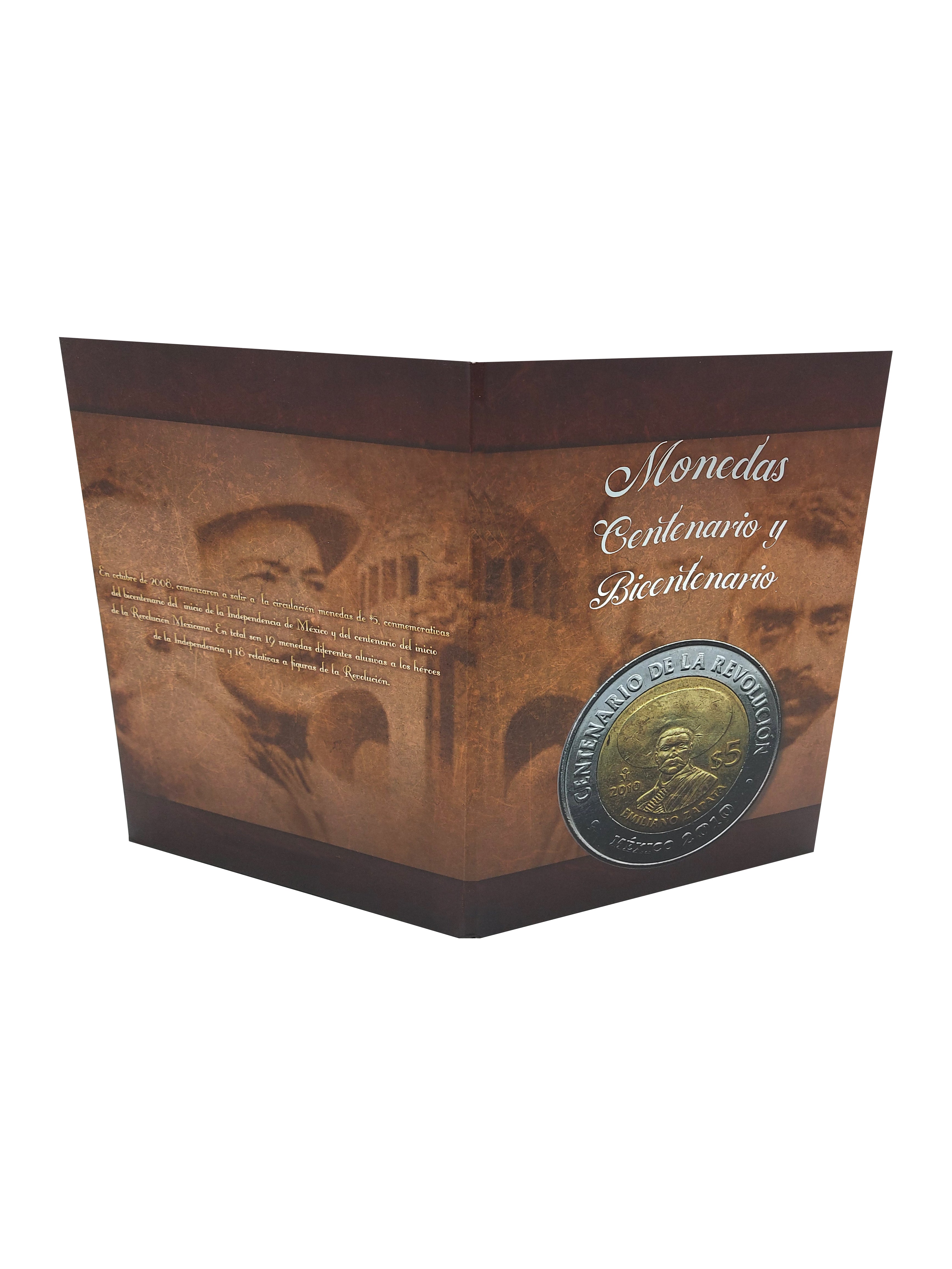 Álbum para monedas conmemorativas de $5 pesos mexicanos del Bicentenario de la Independencia y Centenario de la Revolución, con capacidad para 38 monedas, fabricado en cartón rígido con barniz a registro.