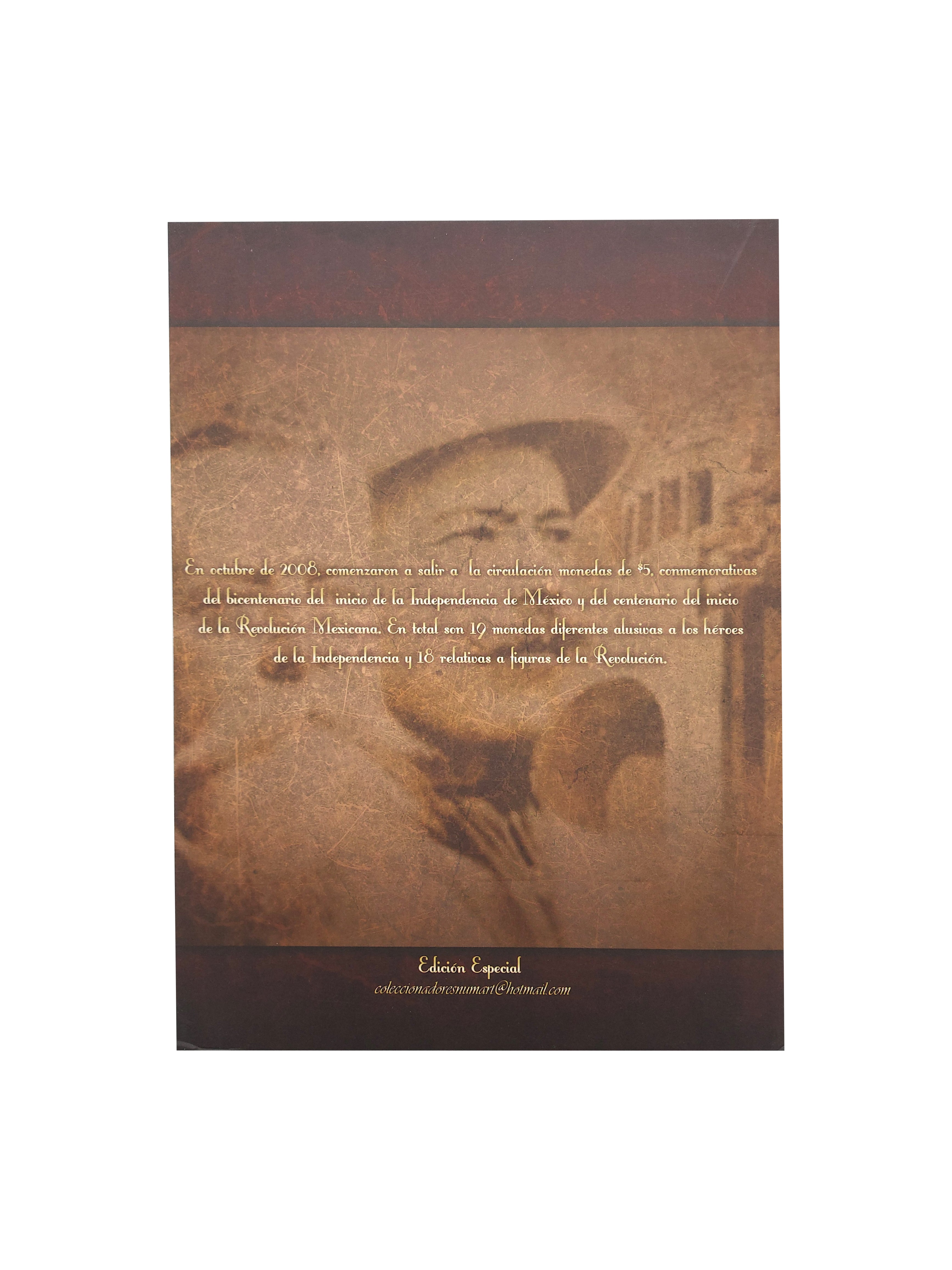 Álbum para monedas conmemorativas de $5 pesos mexicanos del Bicentenario de la Independencia y Centenario de la Revolución, con capacidad para 38 monedas, fabricado en cartón rígido con barniz a registro.