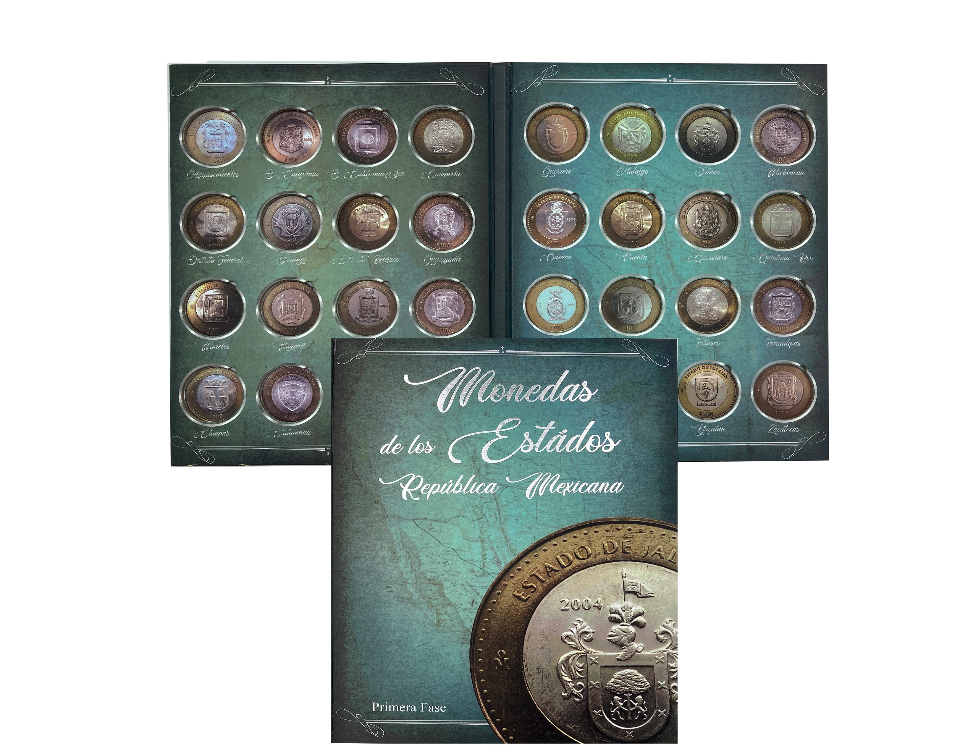 Álbum de pasta dura para la colección de monedas de $100 pesos bimetálicas con los escudos de los estados de la República Mexicana, Primera Fase Heráldica (2003-2005). El álbum cuenta con 32 espacios para monedas, ideal para coleccionistas y numismáticos.