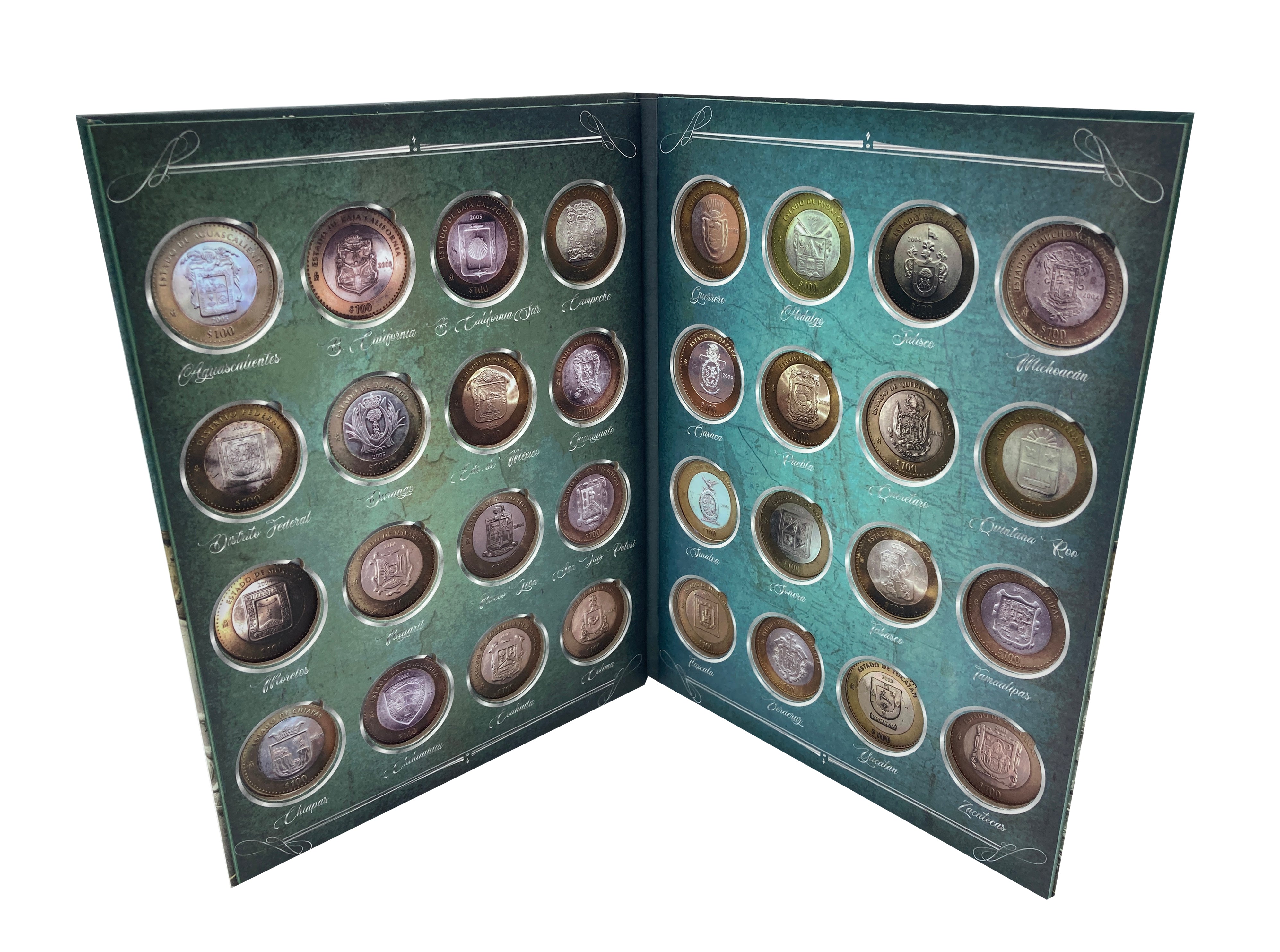 Álbum de pasta dura para la colección de monedas de $100 pesos bimetálicas con los escudos de los estados de la República Mexicana, Primera Fase Heráldica (2003-2005). El álbum cuenta con 32 espacios para monedas, ideal para coleccionistas y numismáticos.