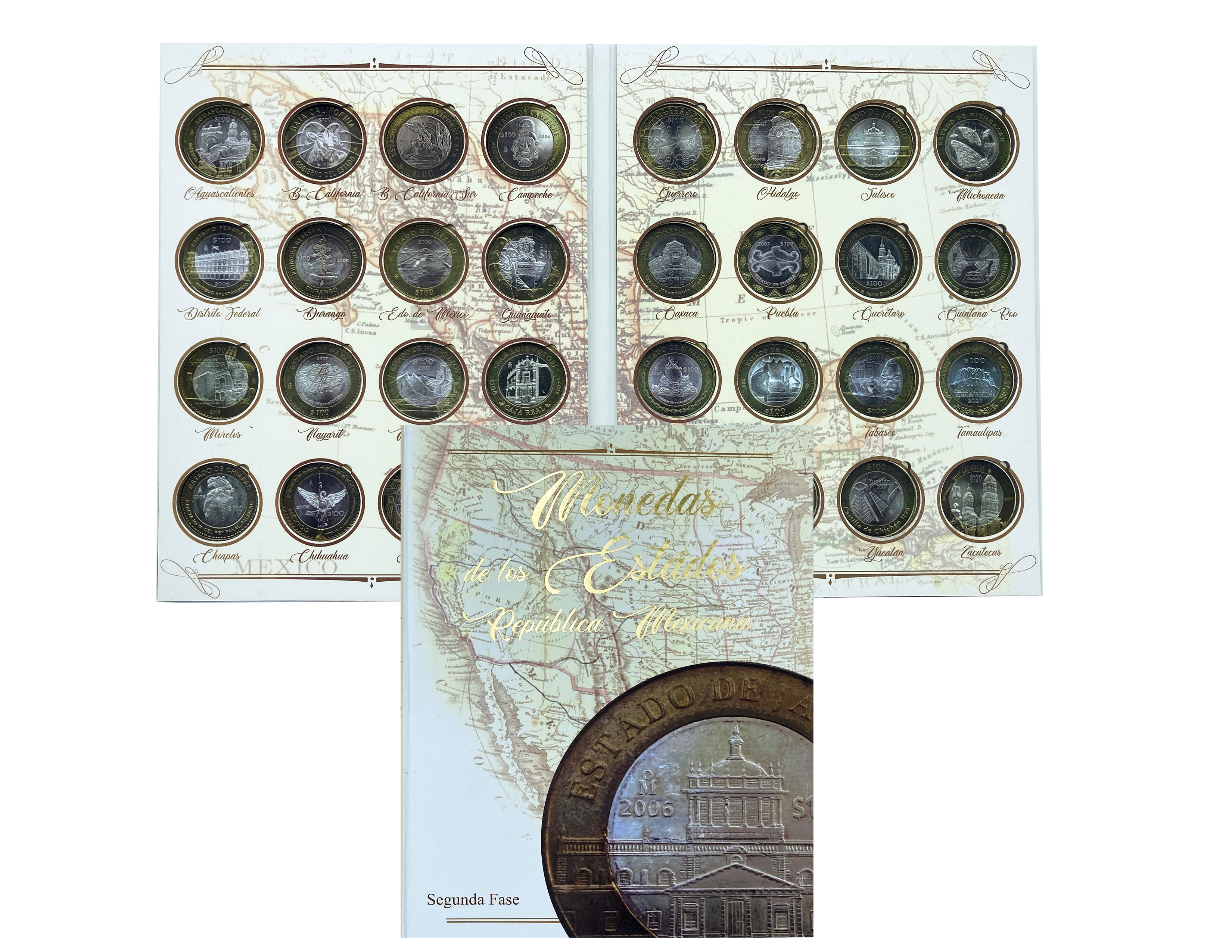 Álbum de pasta dura para la colección de monedas de $100 pesos bimetálicas con las imágenes del patrimonio cultural de los estados de la República Mexicana, Segunda Fase Emblemática (2006-2007). El álbum cuenta con 32 espacios para monedas, ideal para coleccionistas y numismáticos.