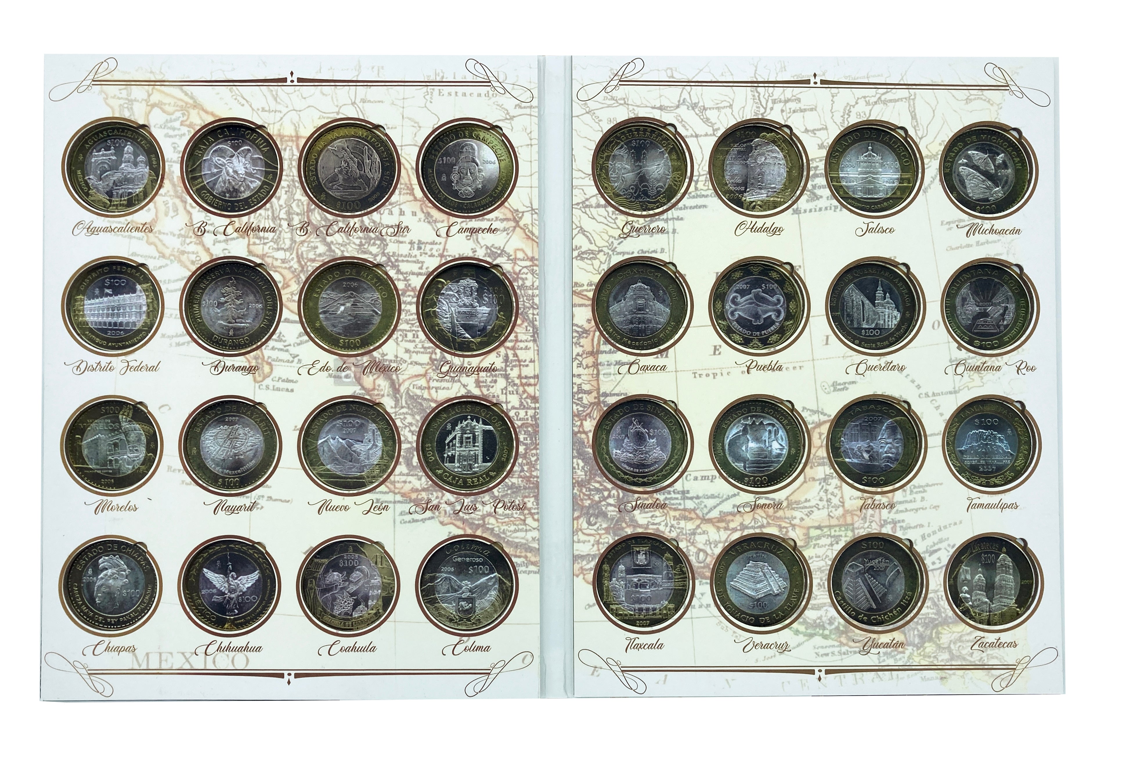 Álbum de pasta dura para la colección de monedas de $100 pesos bimetálicas con las imágenes del patrimonio cultural de los estados de la República Mexicana, Segunda Fase Emblemática (2006-2007). El álbum cuenta con 32 espacios para monedas, ideal para coleccionistas y numismáticos.