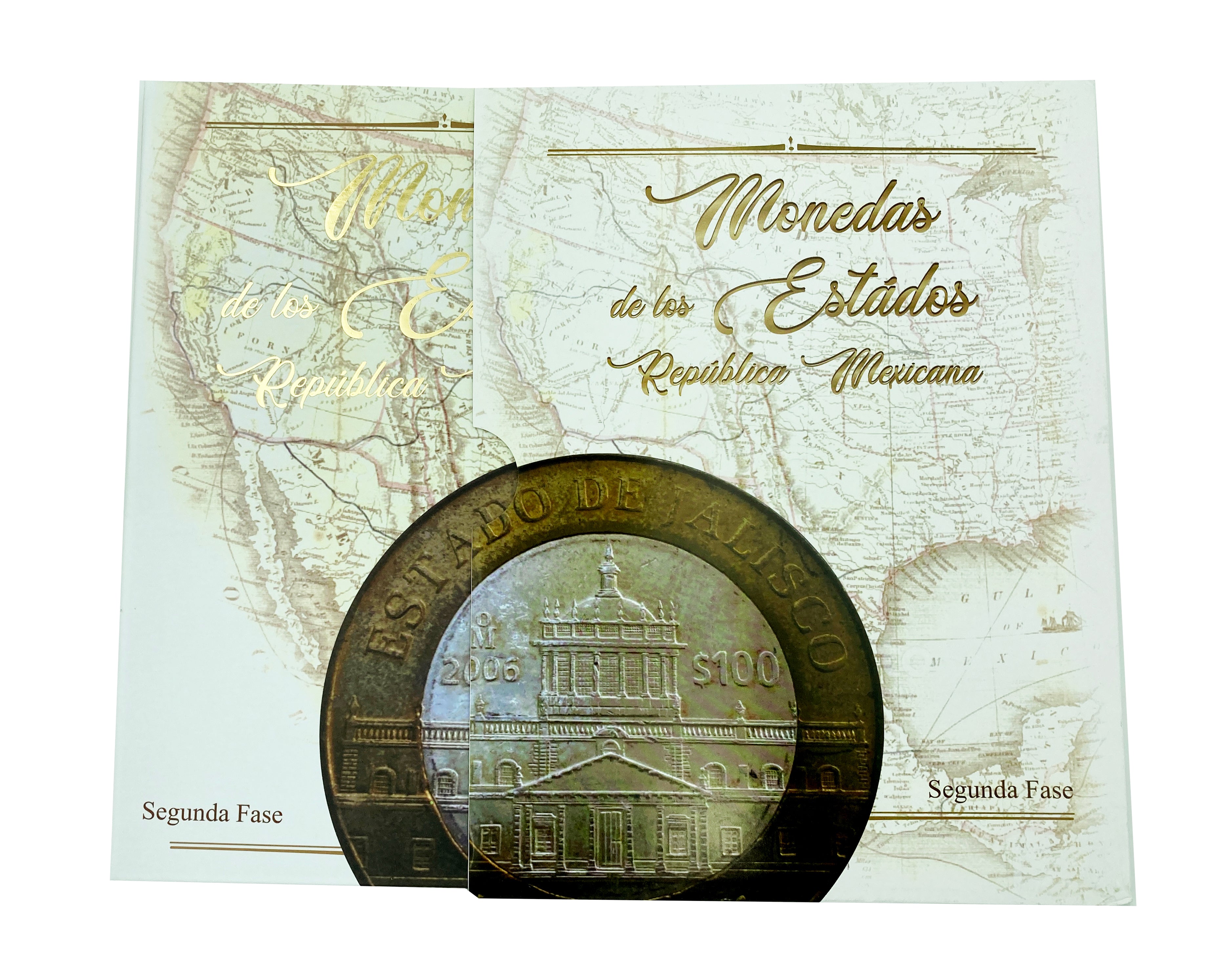 Álbum de pasta dura para la colección de monedas de $100 pesos bimetálicas con las imágenes del patrimonio cultural de los estados de la República Mexicana, Segunda Fase Emblemática (2006-2007). El álbum cuenta con 32 espacios para monedas, ideal para coleccionistas y numismáticos.