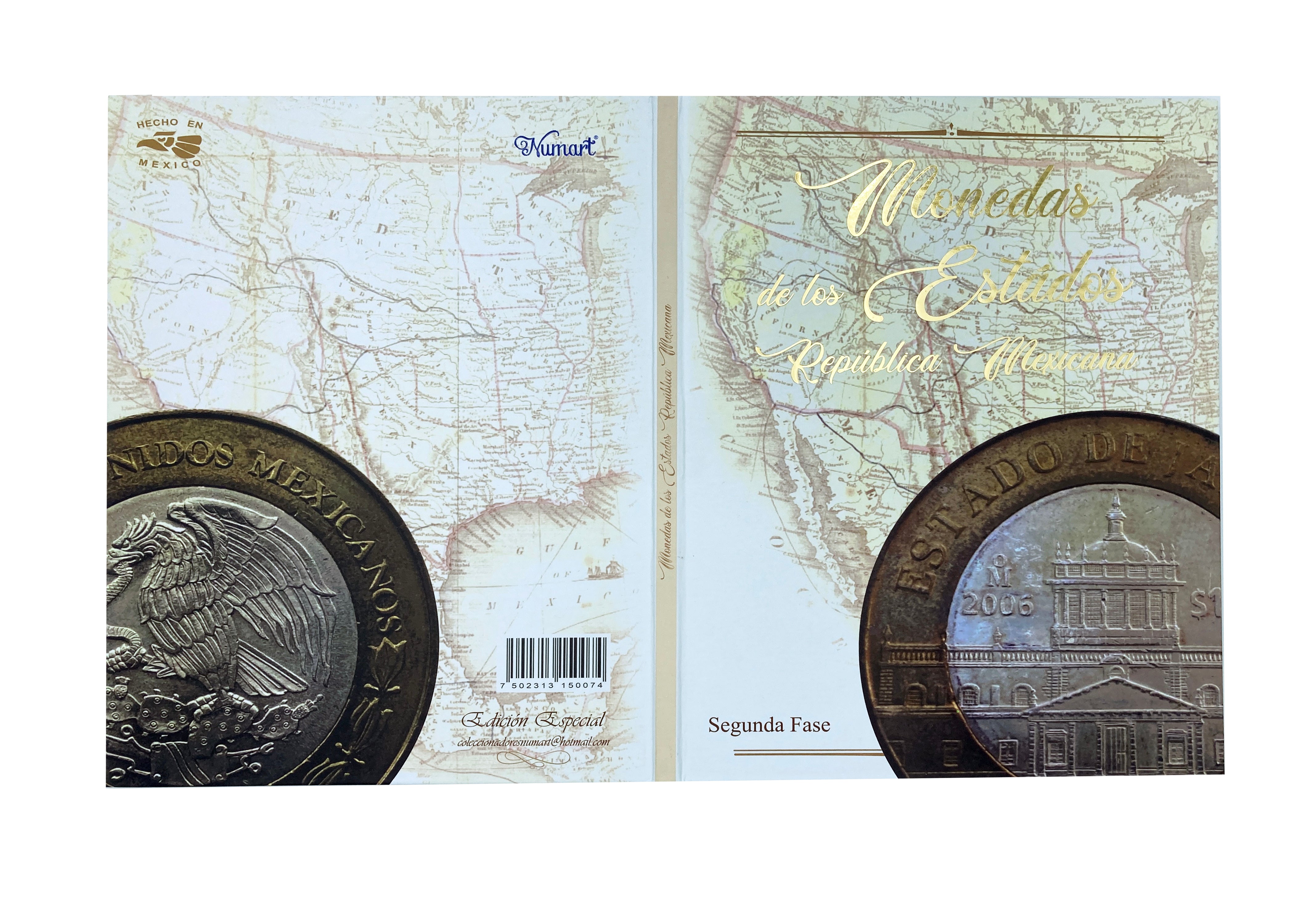 Álbum de pasta dura para la colección de monedas de $100 pesos bimetálicas con las imágenes del patrimonio cultural de los estados de la República Mexicana, Segunda Fase Emblemática (2006-2007). El álbum cuenta con 32 espacios para monedas, ideal para coleccionistas y numismáticos.