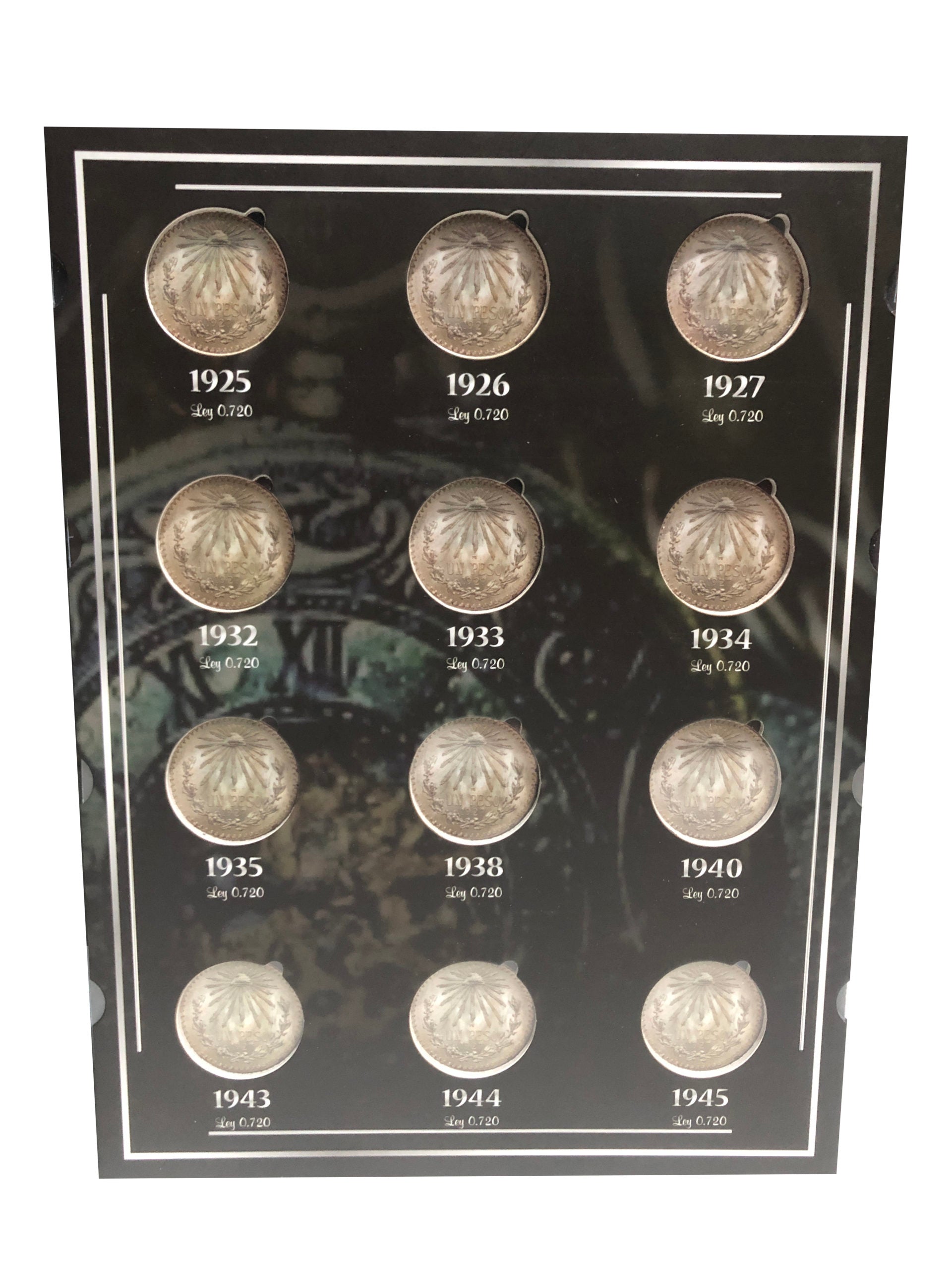 Álbum para colección de monedas mexicanas de $1 peso plata ley 0.720 y 0.800 Resplandor (1918-1945), con espacios protegidos para 20 monedas y diseño premium.