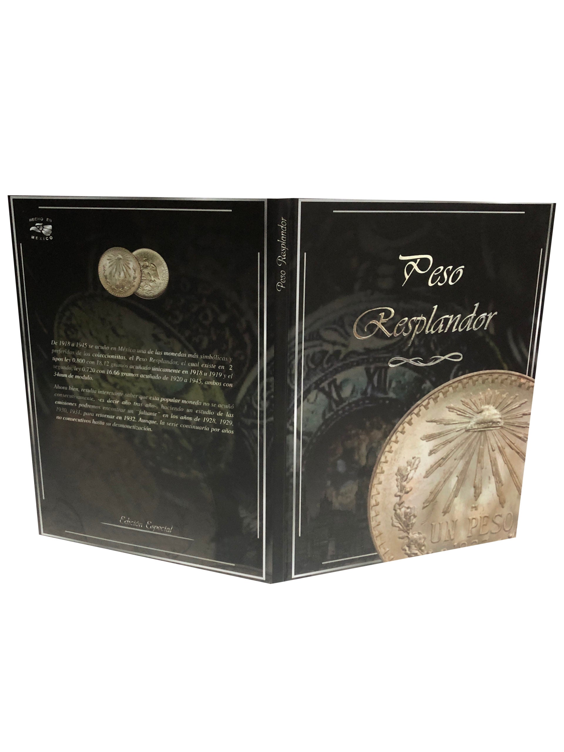 Álbum para colección de monedas mexicanas de $1 peso plata ley 0.720 y 0.800 Resplandor (1918-1945), con espacios protegidos para 20 monedas y diseño premium.