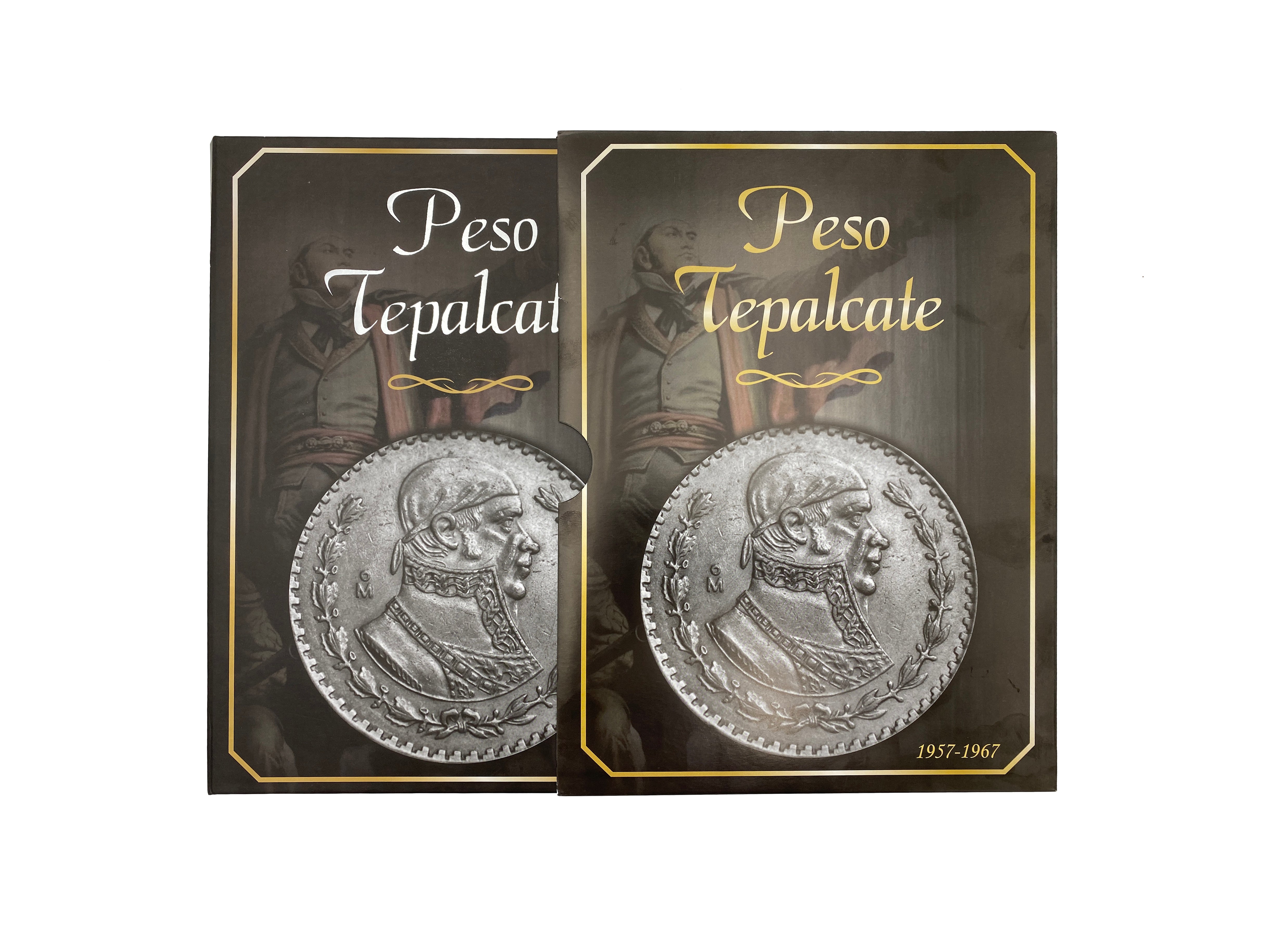 Álbum para colección de monedas mexicanas de $1 peso de plata ley 0.100 Tepalcate (1957-1967), con espacio para 13 monedas, diseño con letras doradas y funda protectora.