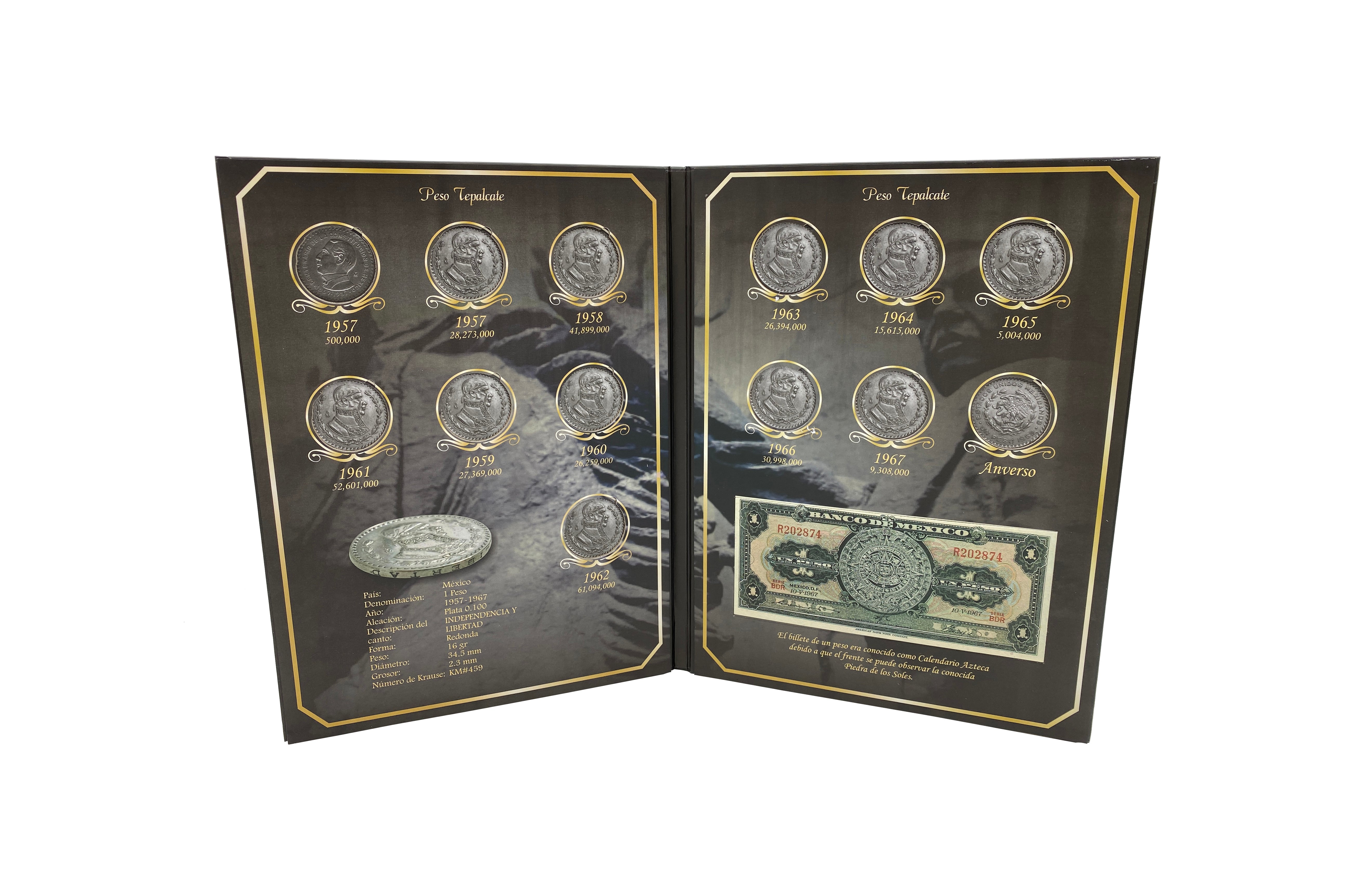 Álbum para colección de monedas mexicanas de $1 peso de plata ley 0.100 Tepalcate (1957-1967), con espacio para 13 monedas, diseño con letras doradas y funda protectora.