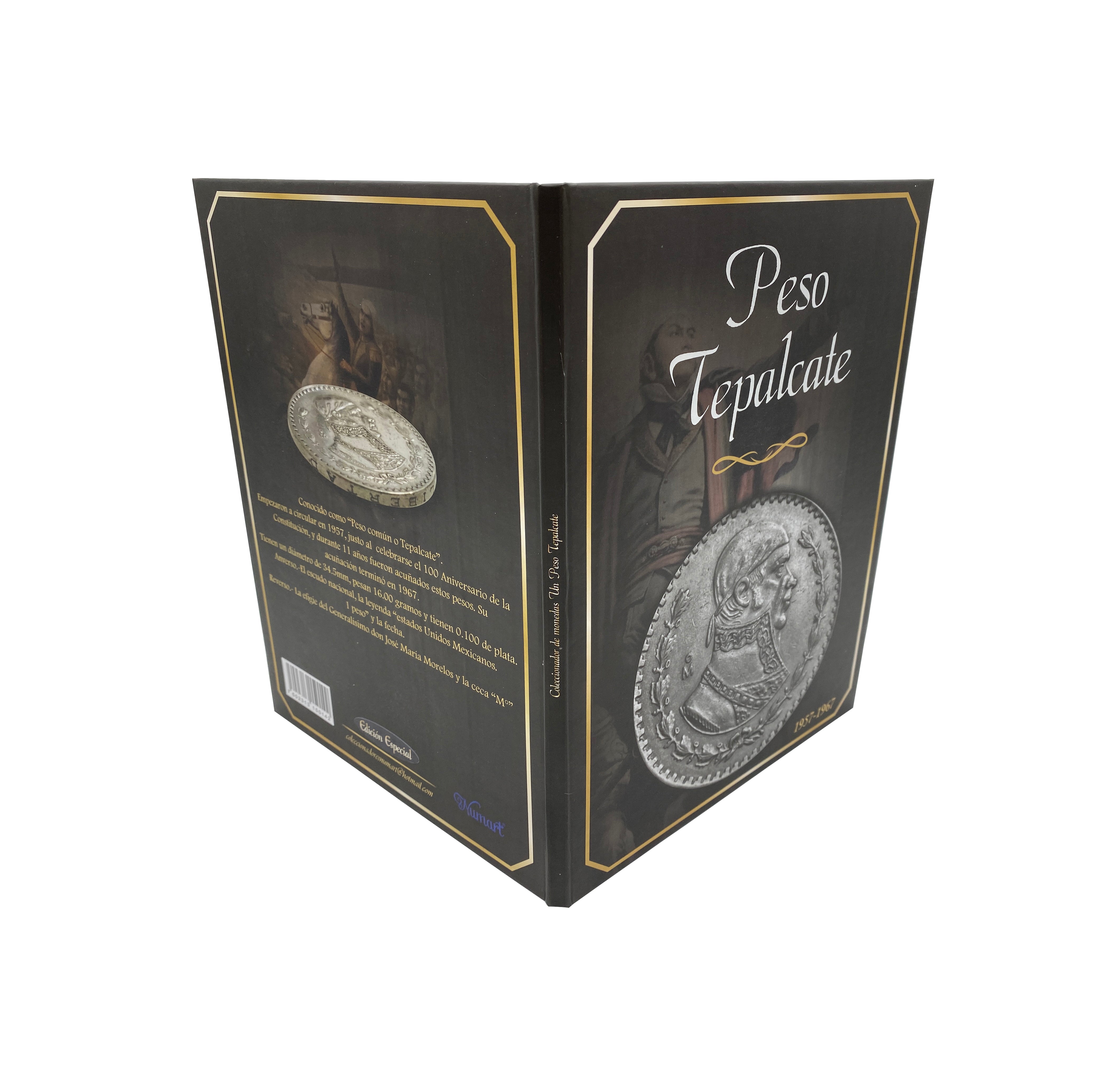 Álbum para colección de monedas mexicanas de $1 peso de plata ley 0.100 Tepalcate (1957-1967), con espacio para 13 monedas, diseño con letras doradas y funda protectora.