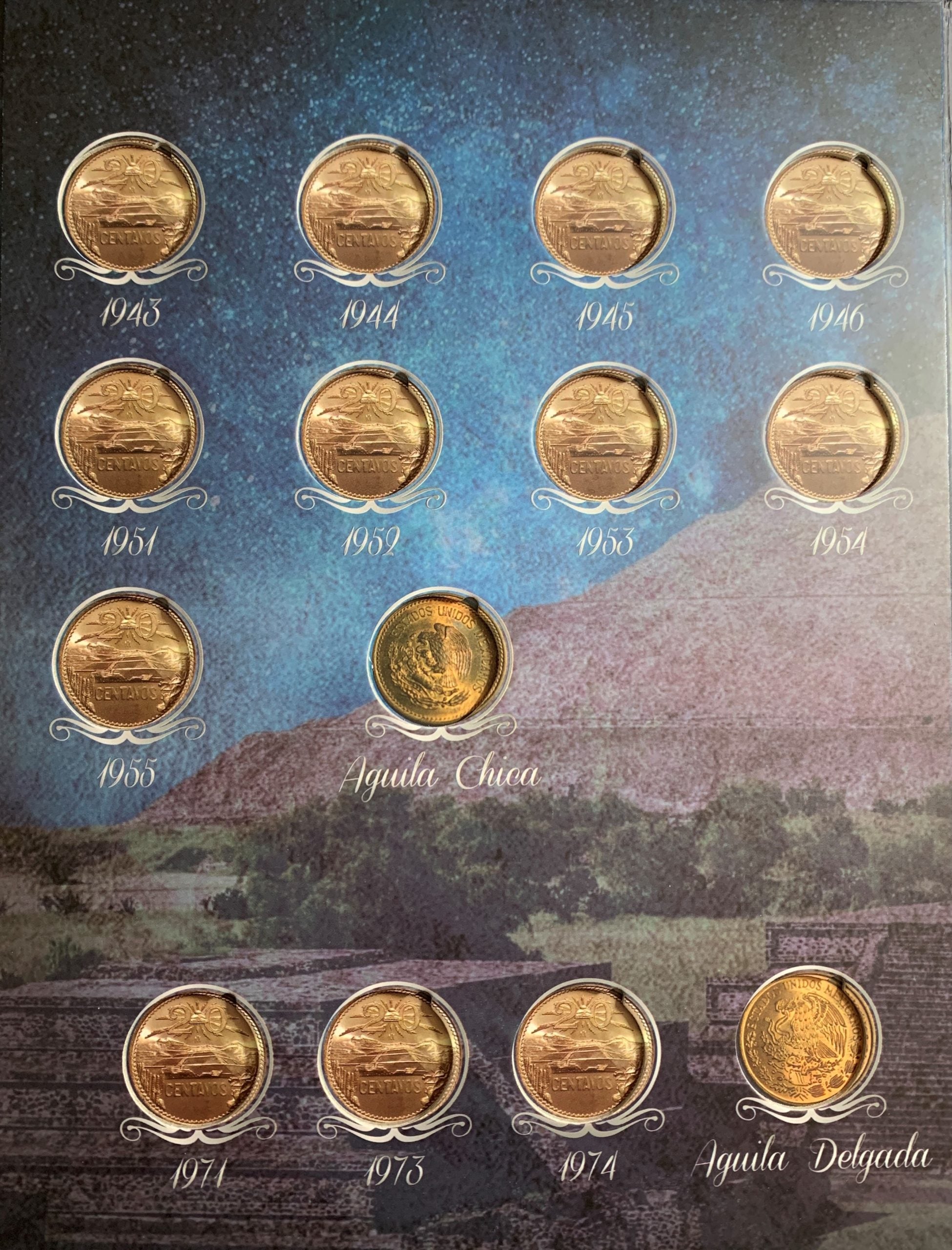 Álbum para colección de monedas mexicanas de 20 centavos con diseño de la pirámide de Teotihuacan, ideal para coleccionistas. Incluye espacios designados con fechas de emisión.