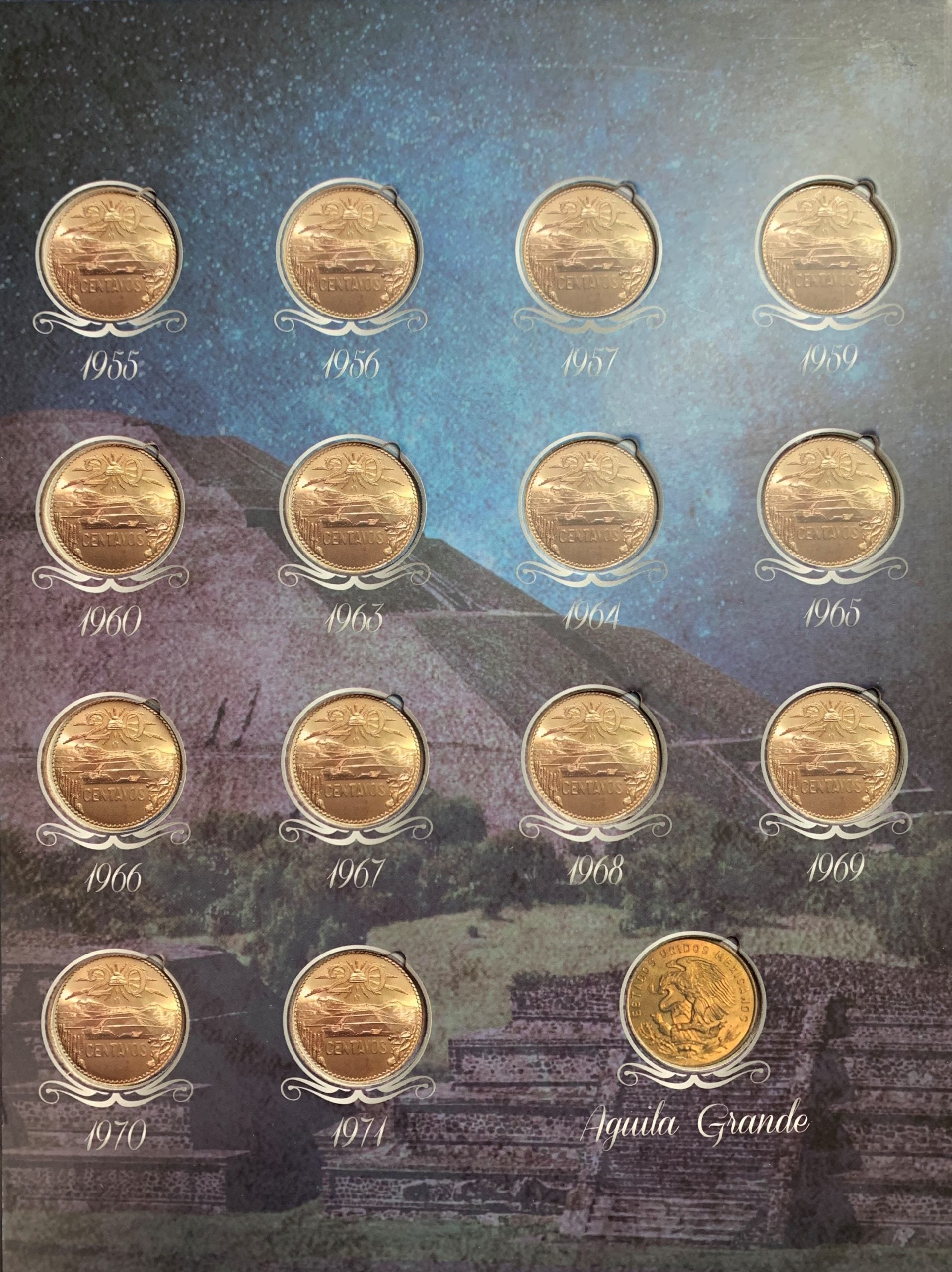 Álbum para colección de monedas mexicanas de 20 centavos con diseño de la pirámide de Teotihuacan, ideal para coleccionistas. Incluye espacios designados con fechas de emisión.