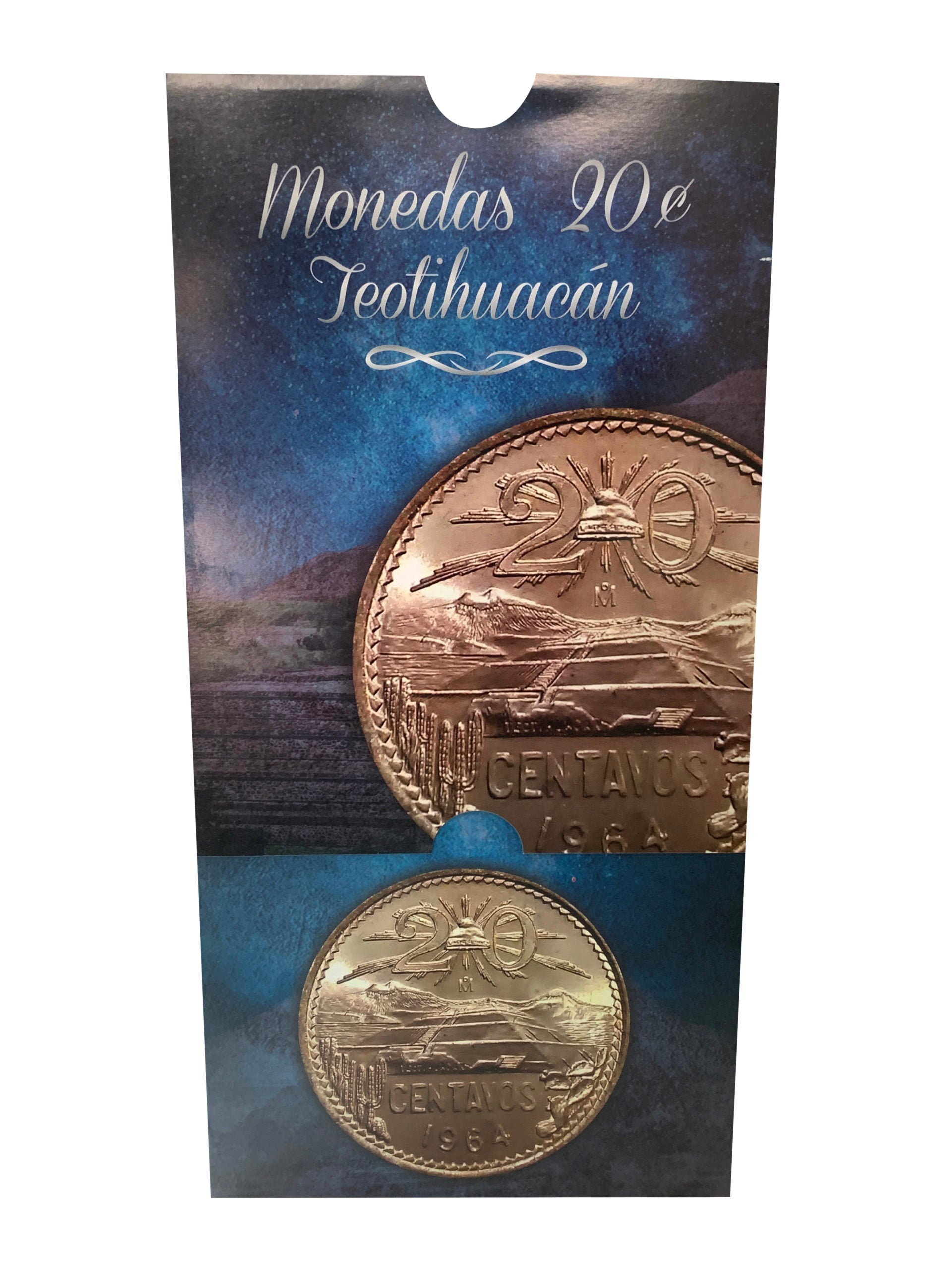 Álbum para colección de monedas mexicanas de 20 centavos con diseño de la pirámide de Teotihuacan, ideal para coleccionistas. Incluye espacios designados con fechas de emisión.