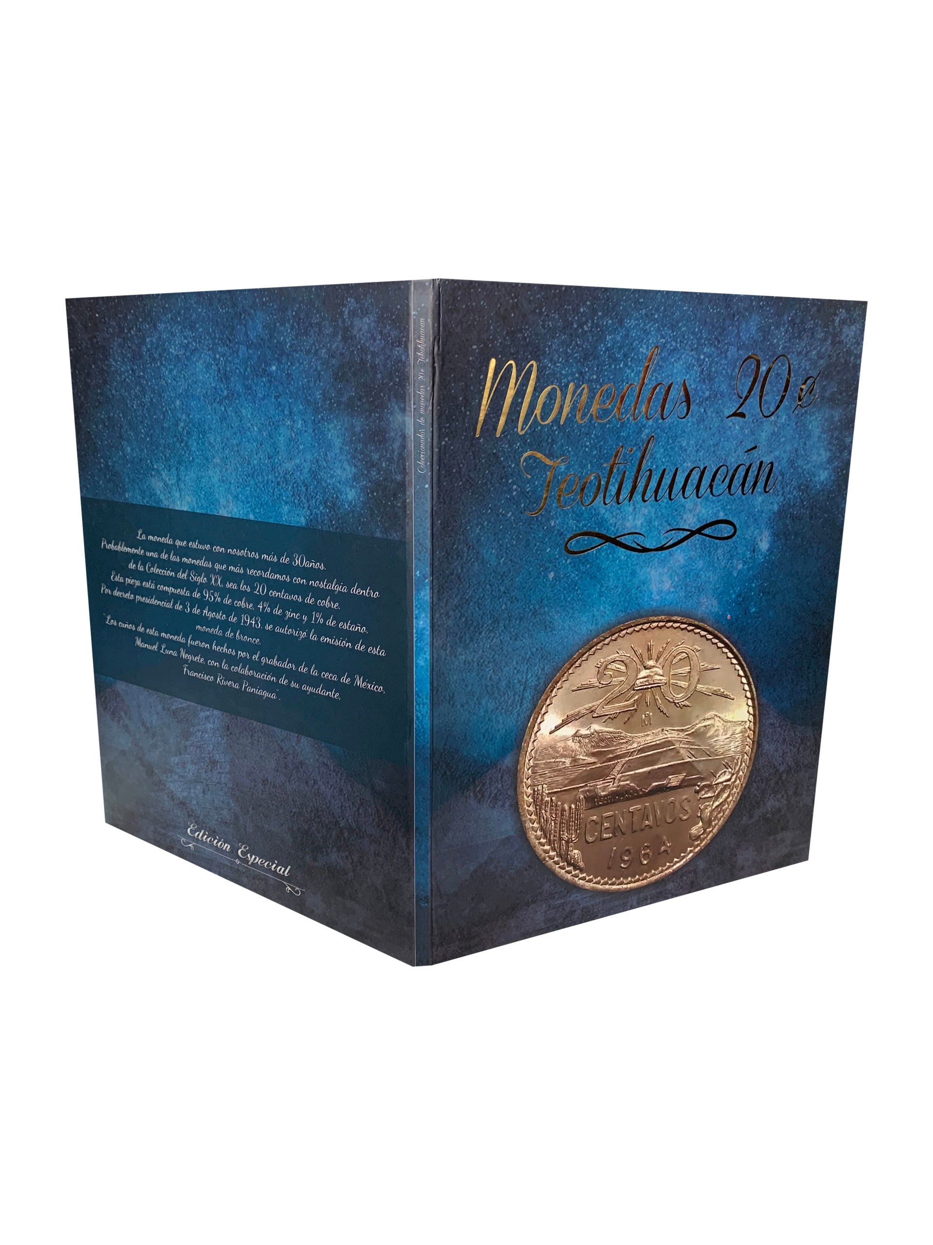 Álbum para colección de monedas mexicanas de 20 centavos con diseño de la pirámide de Teotihuacan, ideal para coleccionistas. Incluye espacios designados con fechas de emisión.