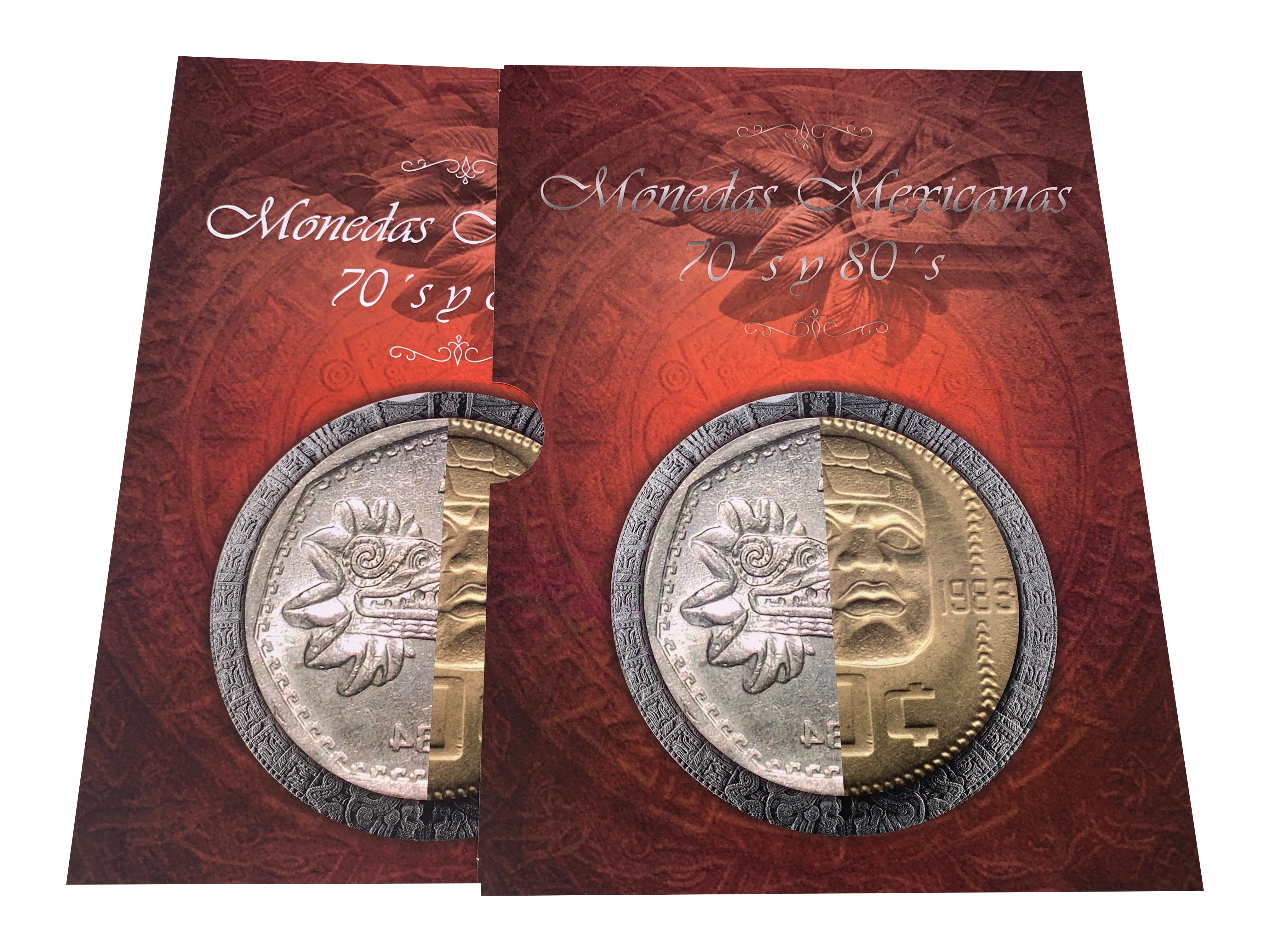 Álbum coleccionador de monedas mexicanas de las décadas de 1970 y 1980, con capacidad para 28 monedas de varias denominaciones, diseño de pasta dura con letras metalizadas doradas y funda protectora.