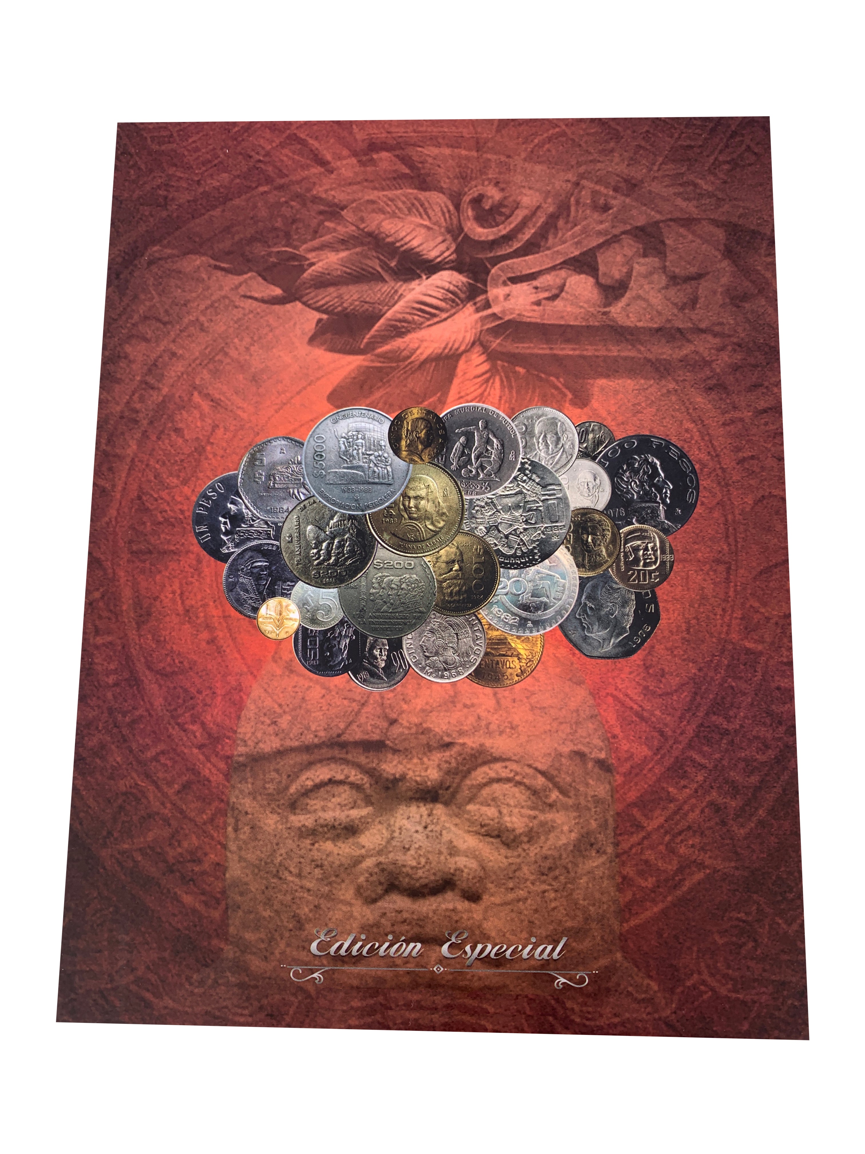 Álbum coleccionador de monedas mexicanas de las décadas de 1970 y 1980, con capacidad para 28 monedas de varias denominaciones, diseño de pasta dura con letras metalizadas doradas y funda protectora.