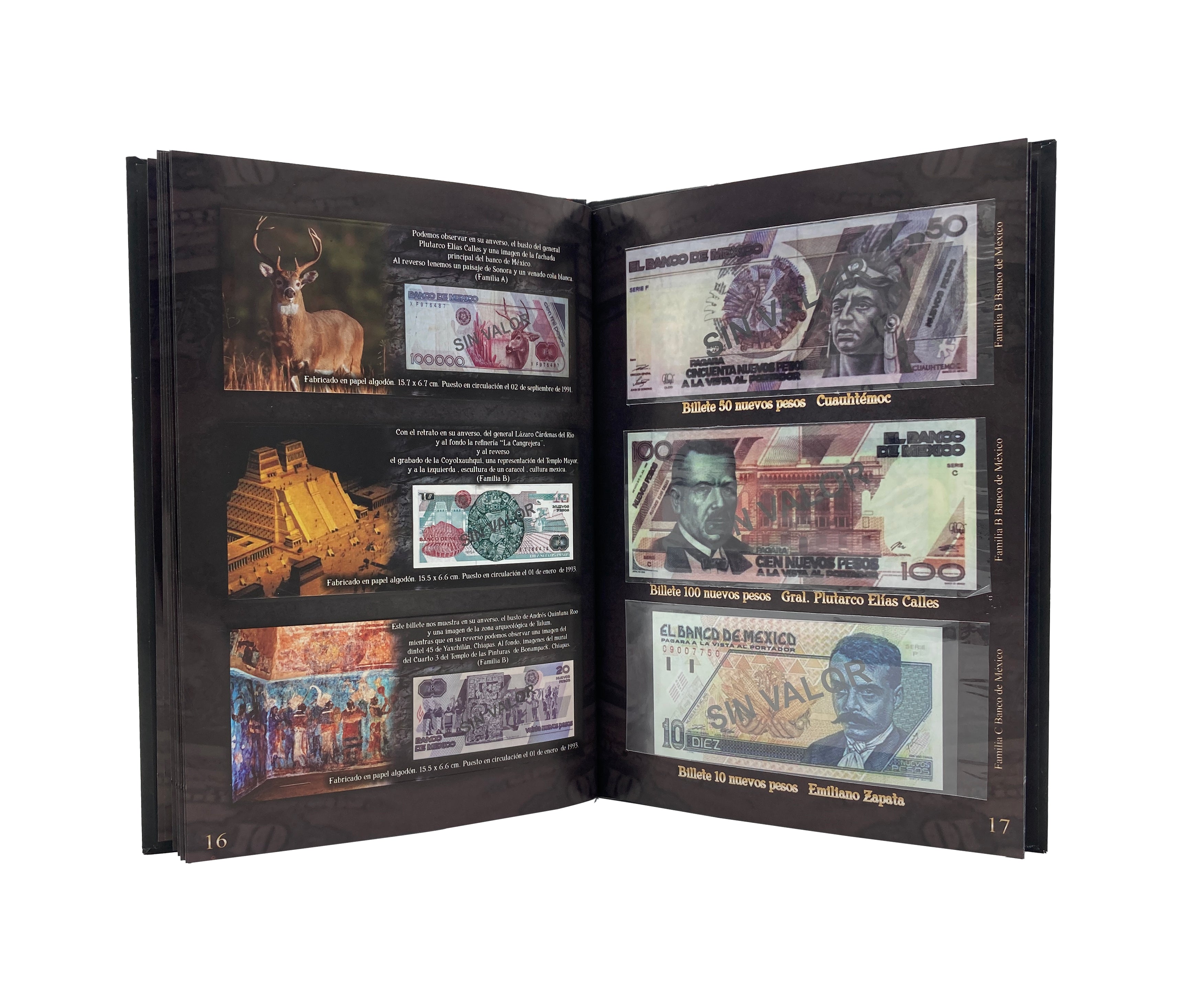 Álbum coleccionador de billetes mexicanos con 32 espacios, información histórica e impresión de alta calidad. Portada con diseño de la Piedra del Sol y acabado profesional. Ideal para coleccionistas.