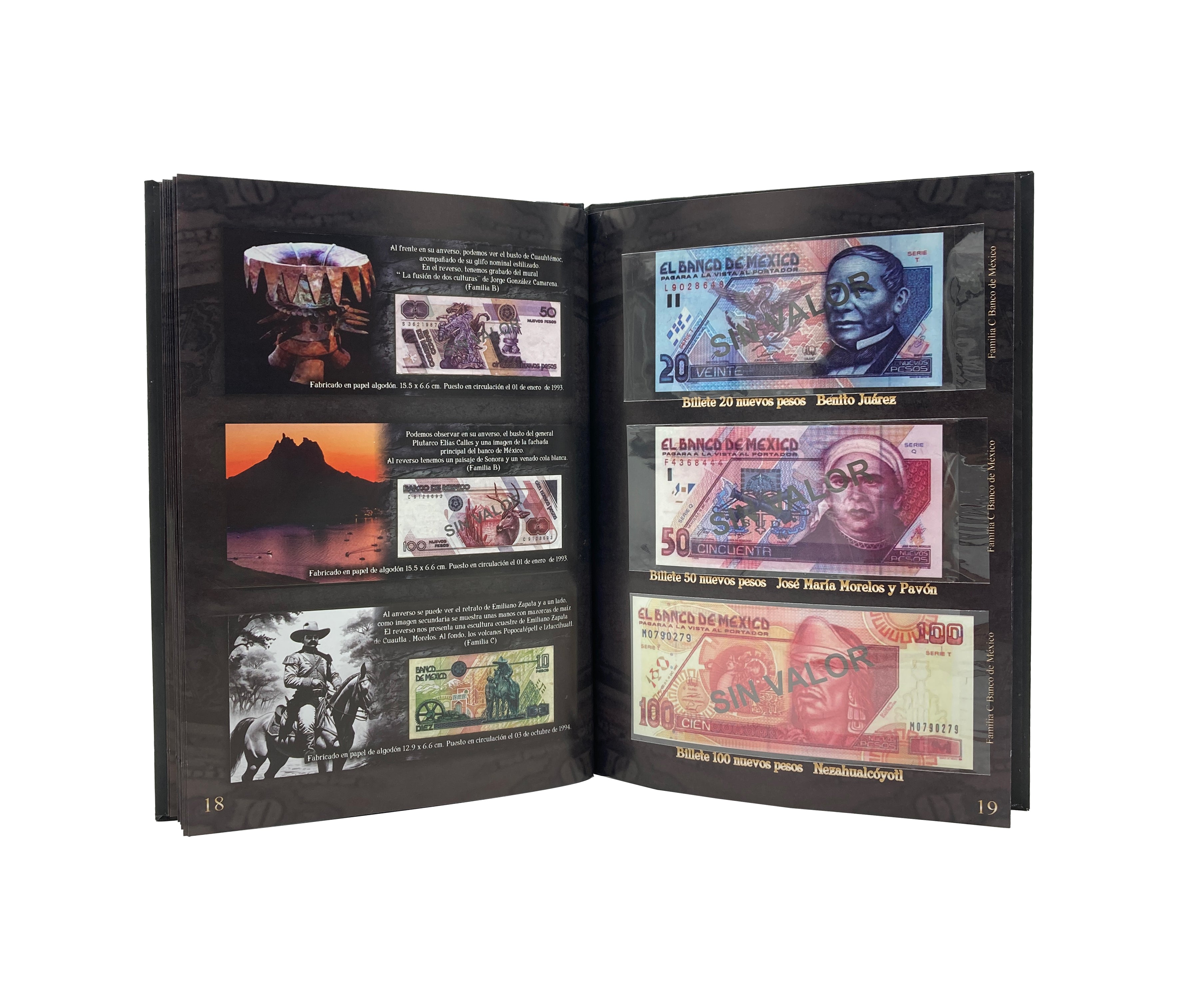 Álbum coleccionador de billetes mexicanos con 32 espacios, información histórica e impresión de alta calidad. Portada con diseño de la Piedra del Sol y acabado profesional. Ideal para coleccionistas.