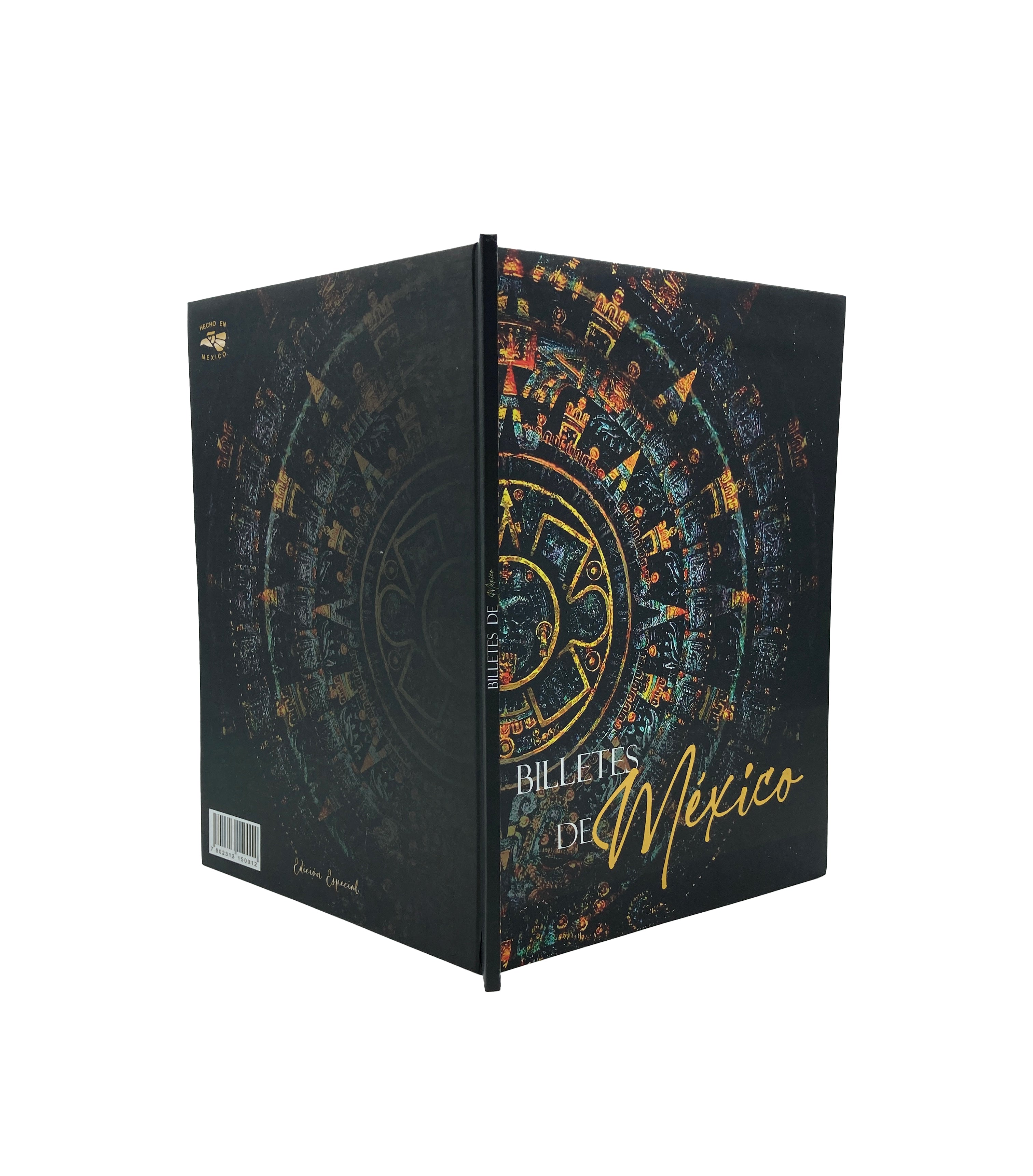 Álbum coleccionador de billetes mexicanos con 32 espacios, información histórica e impresión de alta calidad. Portada con diseño de la Piedra del Sol y acabado profesional. Ideal para coleccionistas.