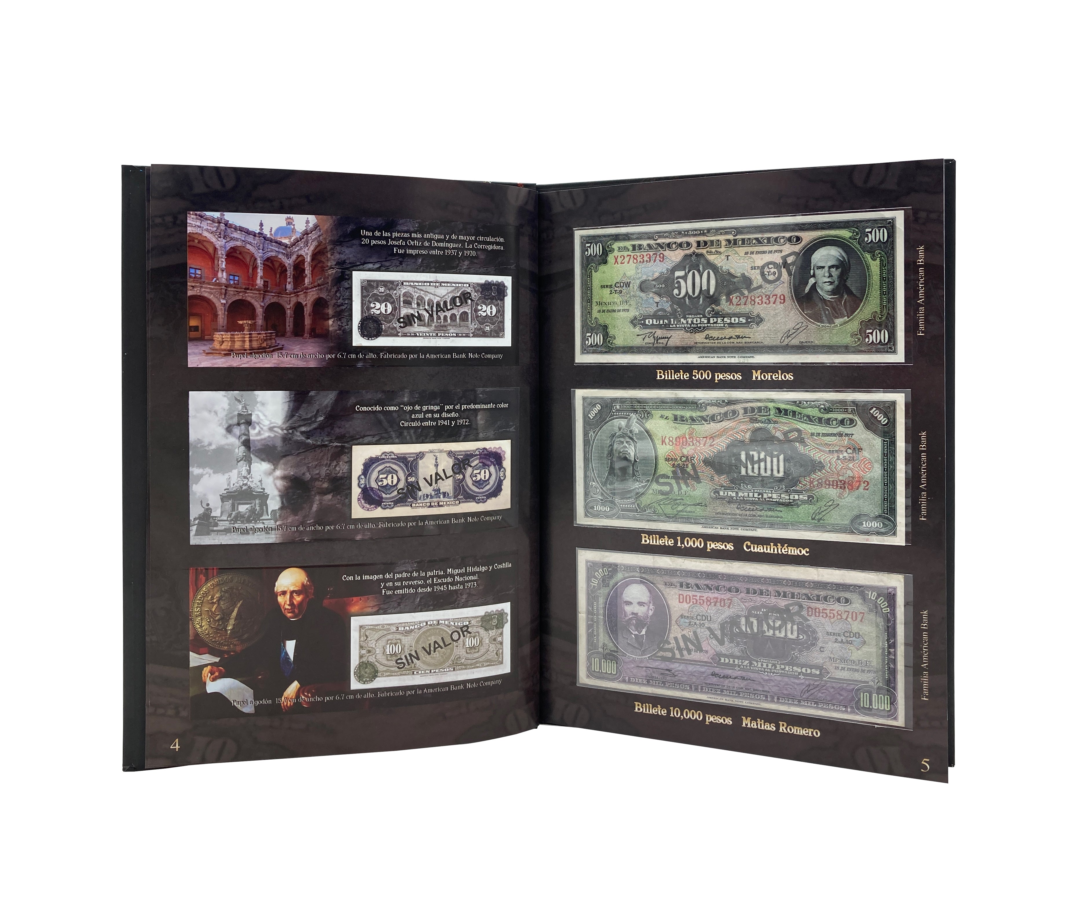 Álbum coleccionador de billetes mexicanos con 32 espacios, información histórica e impresión de alta calidad. Portada con diseño de la Piedra del Sol y acabado profesional. Ideal para coleccionistas.