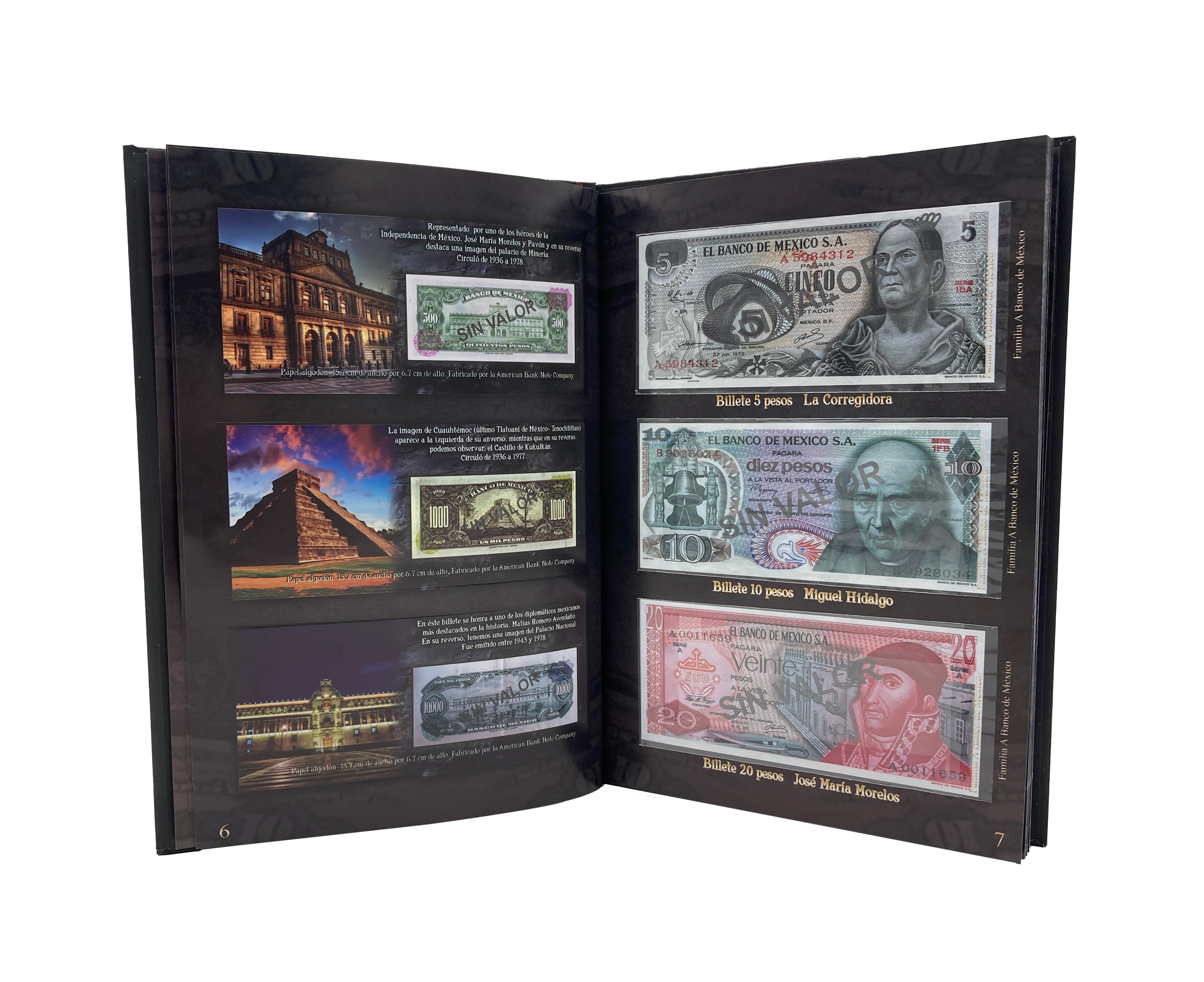 Álbum coleccionador de billetes mexicanos con 32 espacios, información histórica e impresión de alta calidad. Portada con diseño de la Piedra del Sol y acabado profesional. Ideal para coleccionistas.