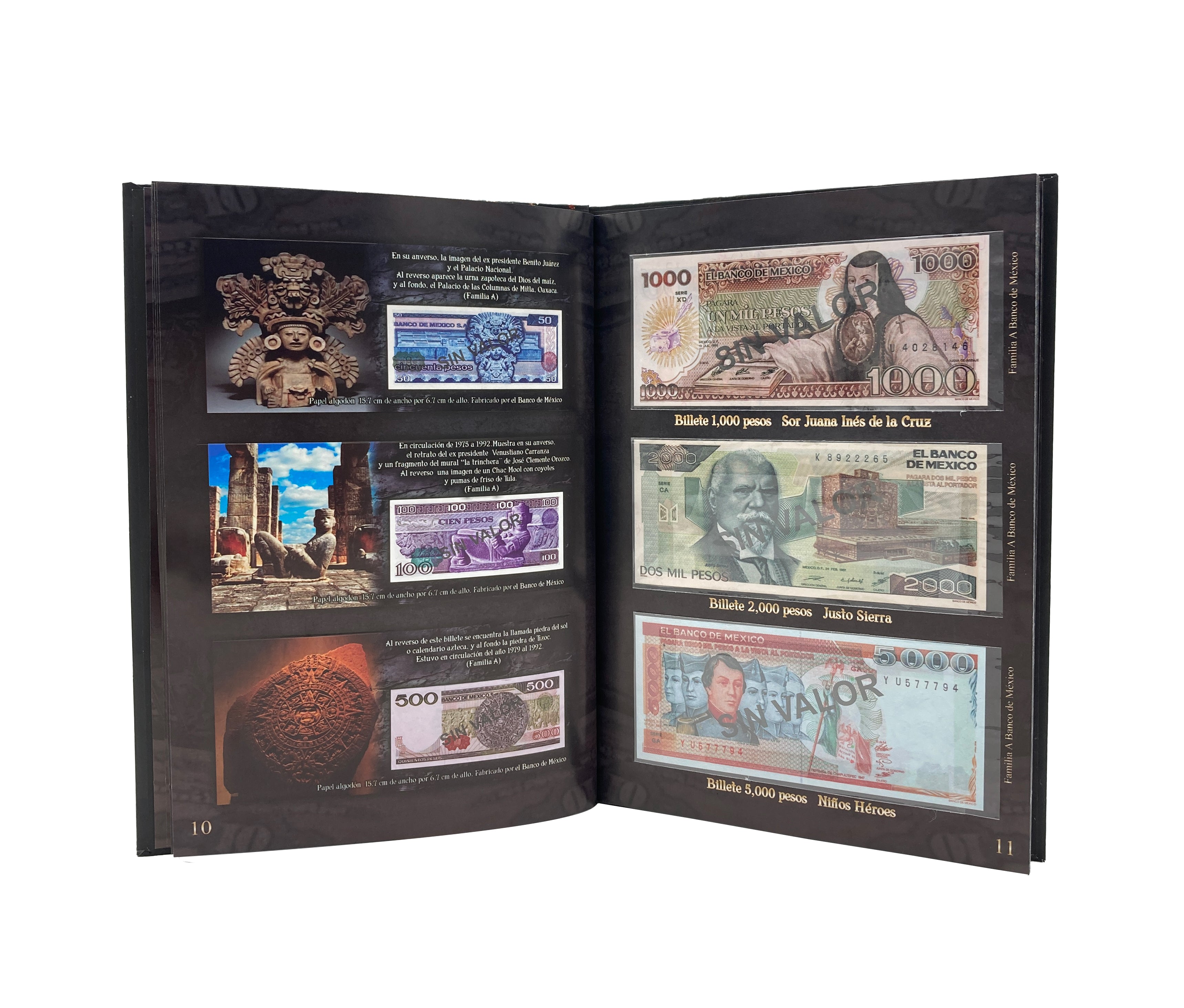 Álbum coleccionador de billetes mexicanos con 32 espacios, información histórica e impresión de alta calidad. Portada con diseño de la Piedra del Sol y acabado profesional. Ideal para coleccionistas.