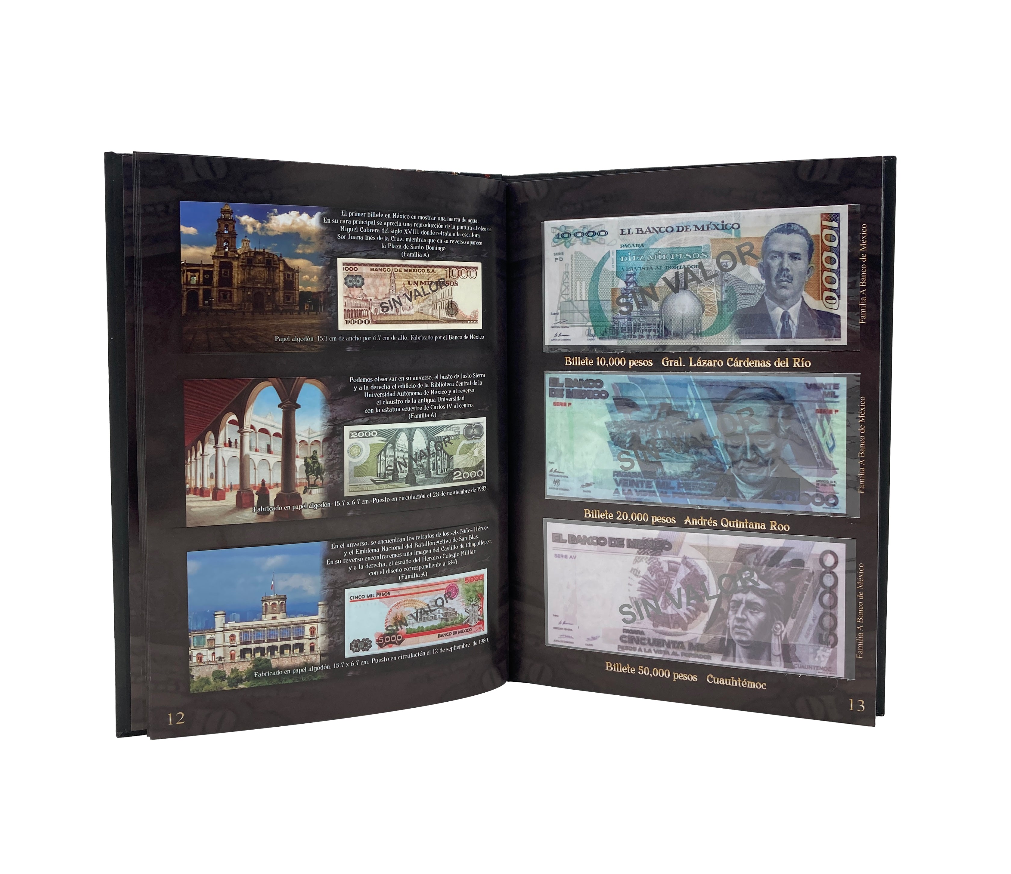 Álbum coleccionador de billetes mexicanos con 32 espacios, información histórica e impresión de alta calidad. Portada con diseño de la Piedra del Sol y acabado profesional. Ideal para coleccionistas.