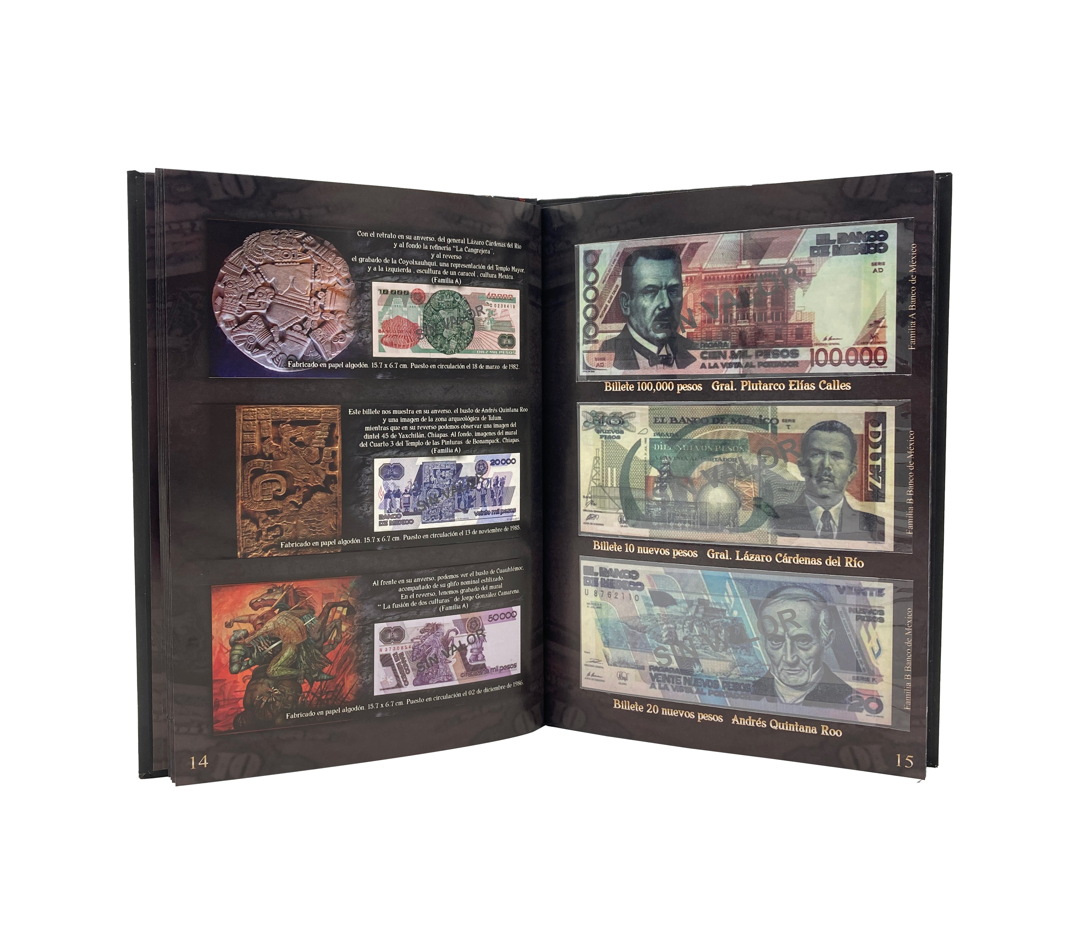 Álbum coleccionador de billetes mexicanos con 32 espacios, información histórica e impresión de alta calidad. Portada con diseño de la Piedra del Sol y acabado profesional. Ideal para coleccionistas.