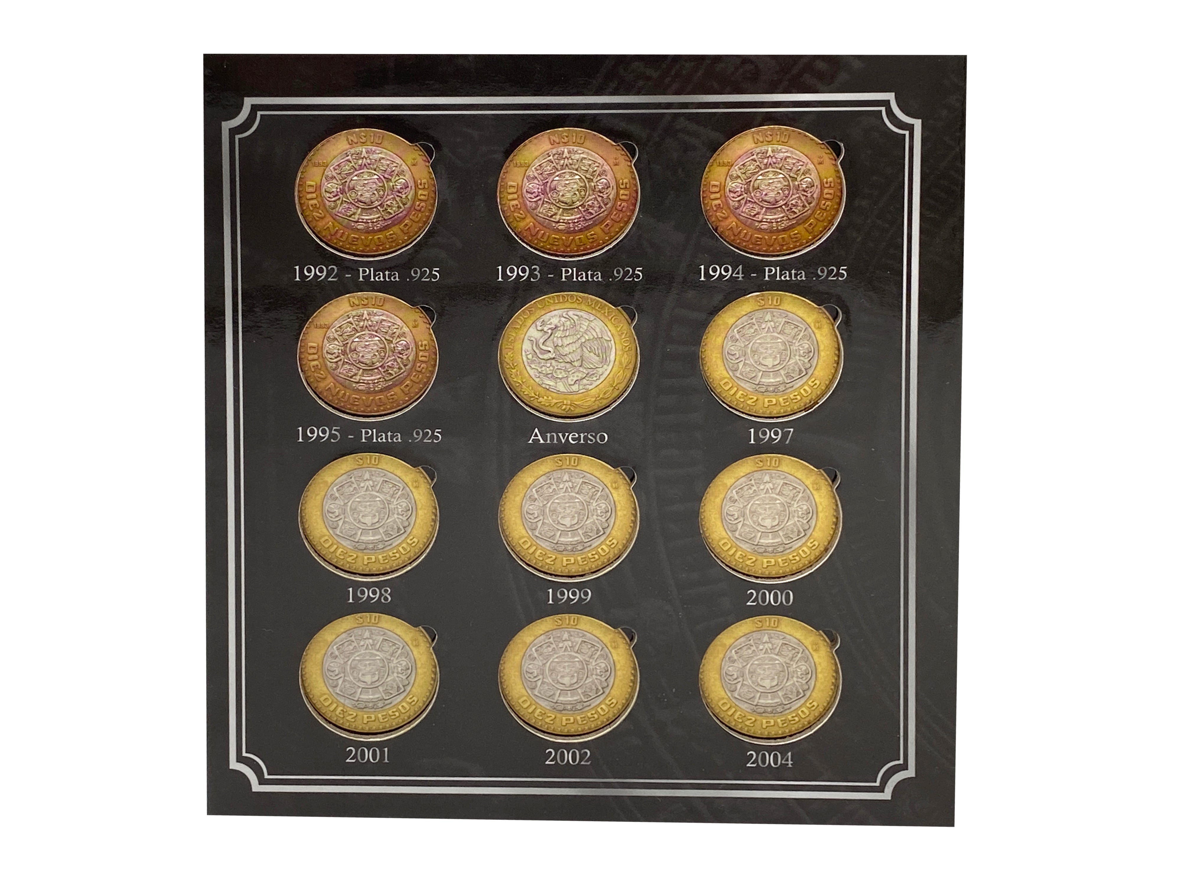 Álbum tríptico para coleccionar monedas de 10 pesos mexicanos, con imágenes de la piedra del sol y espacio para monedas de 1992 a 2027.  Con espacio para hasta 35 monedas, ideal para coleccionistas mexicanos